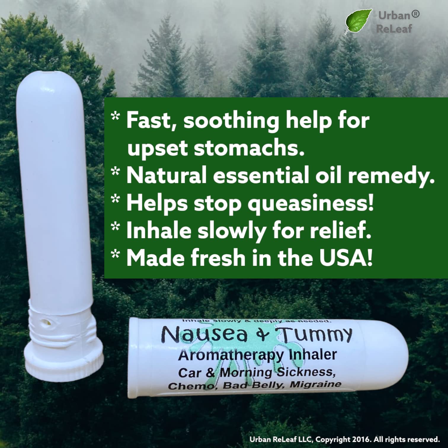 Urban ReLeaf inhalateur nausée-ventre en utilisation dans une poche.