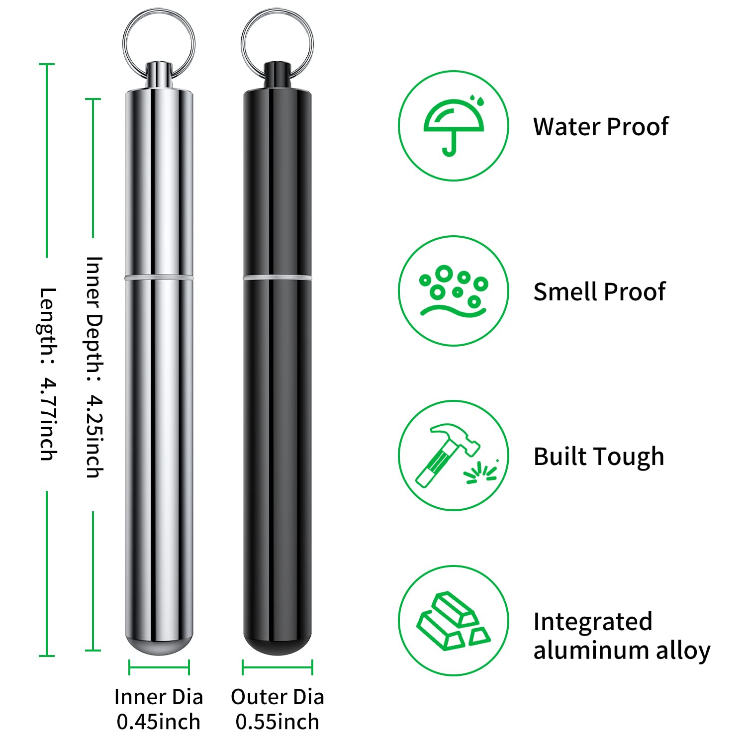Urekt tube en aluminium étanche, vue côté, pratique en déplacement et en plein air.