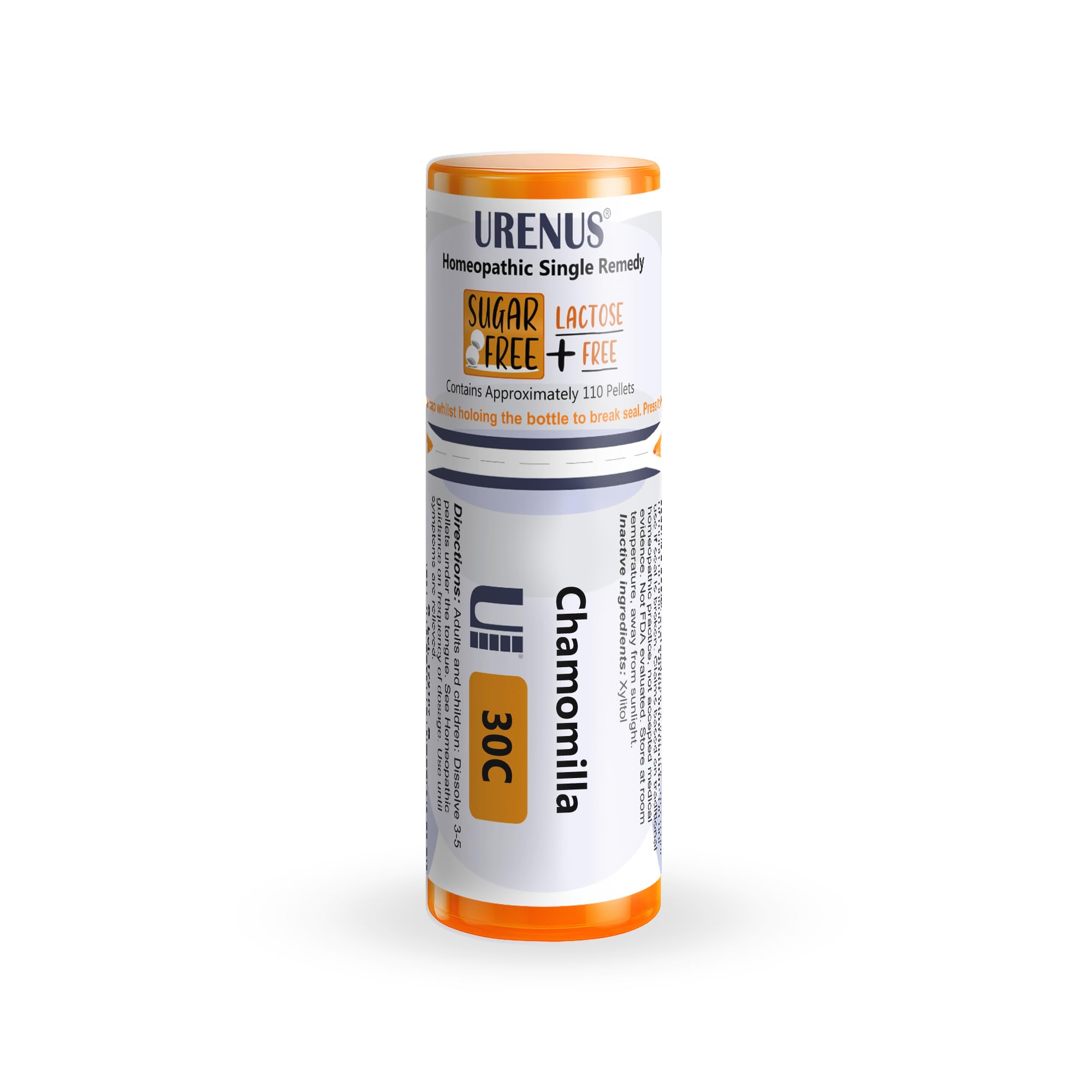 Urenus Chamomilla 30C – pellets visibles dans la bouteille, distribution précise.
