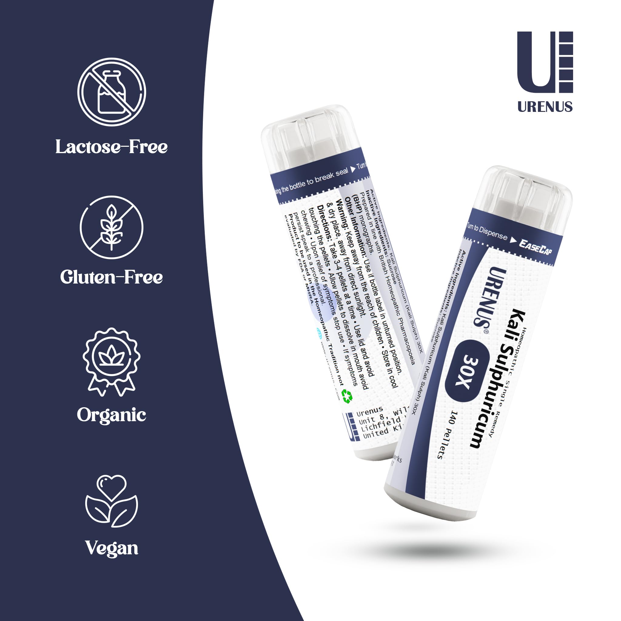 Pellets sans lactose Urenus Kali Sulphuricum, adaptés aux intolérances alimentaires.