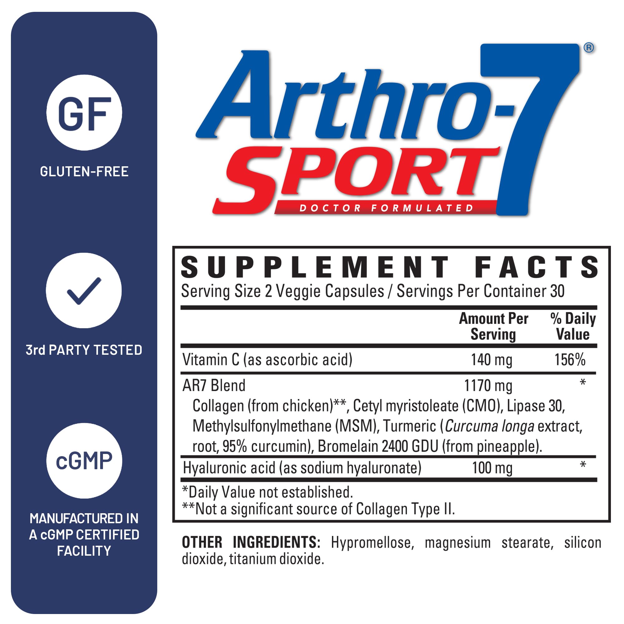 Arthro-7 Sport – étiquette montrant l’acide hyaluronique et la vitamine C