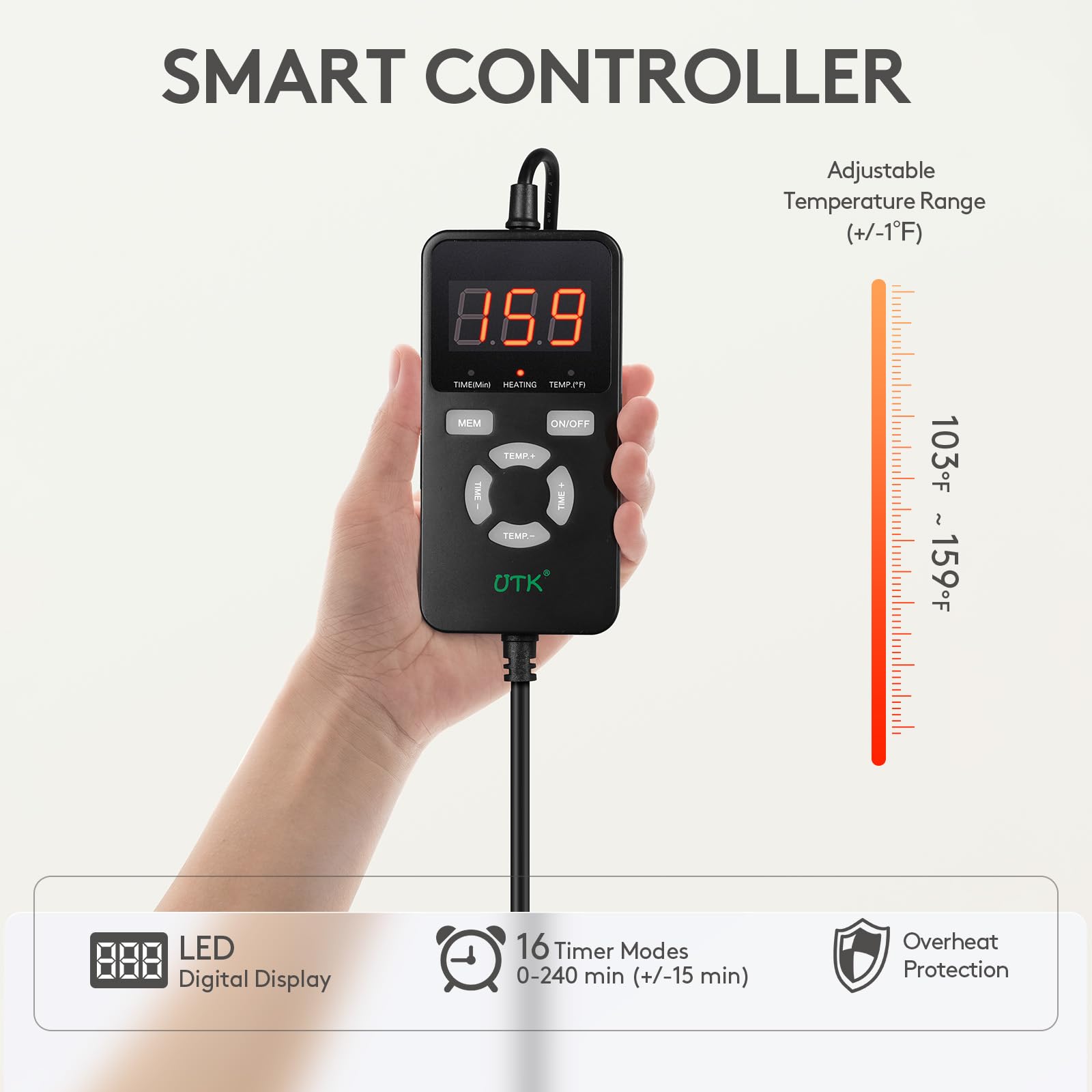 UTK thermostat digital pour un contrôle précis et mémoire des réglages.