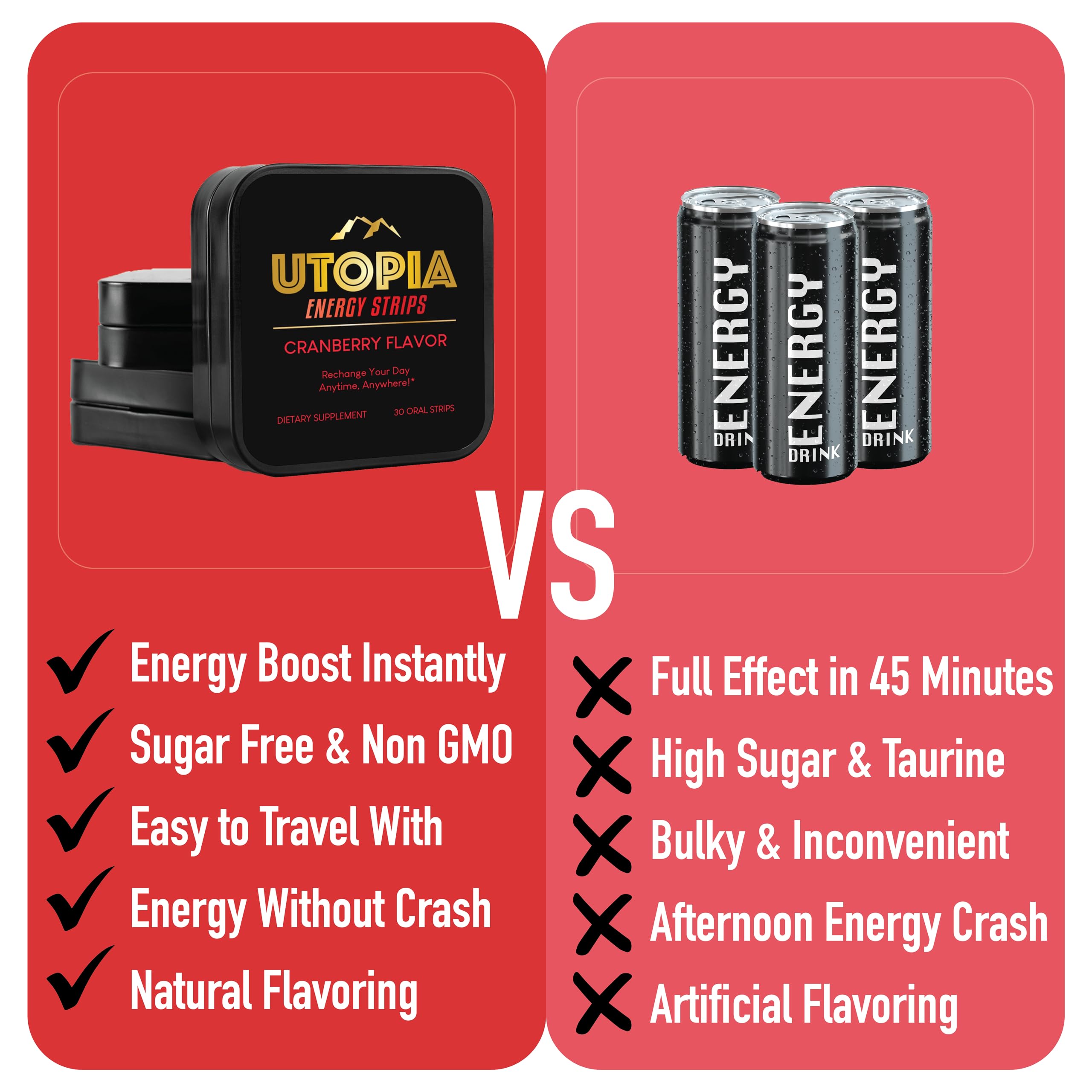 UTOPIA Strips Energy Strips goût cranberry et énergie naturelle.