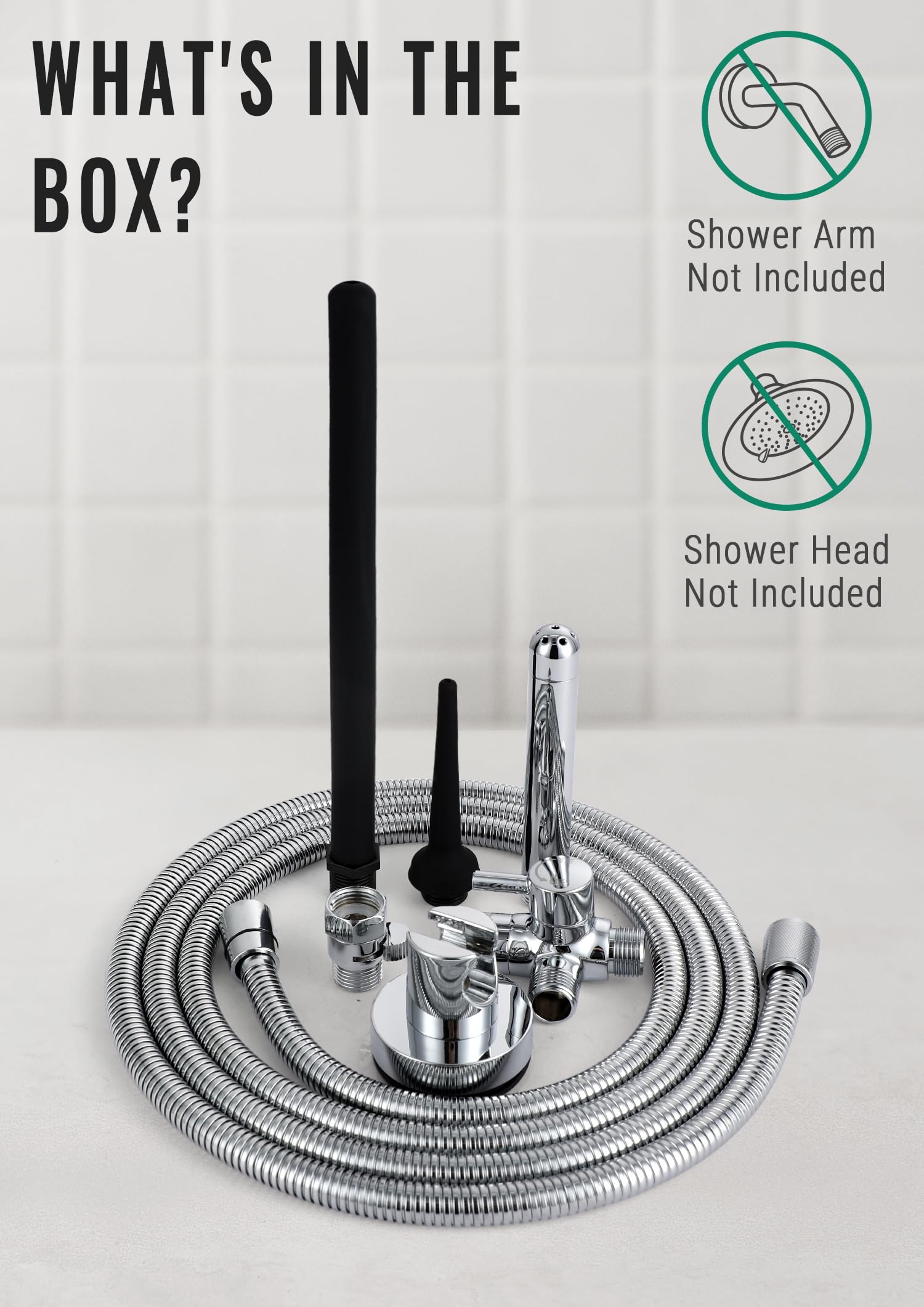Ensemble d’accessoires V-Frankness inclus: buses, diverter, tuyau et valve.