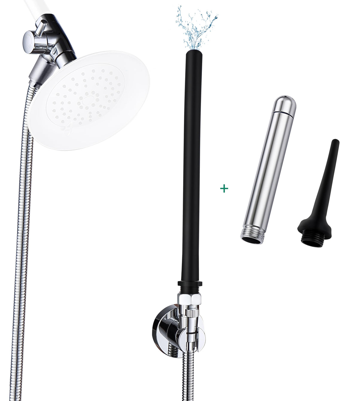 Système V-Frankness avec buse enema et contrôle d’eau, cadre ergonomique et pratique.