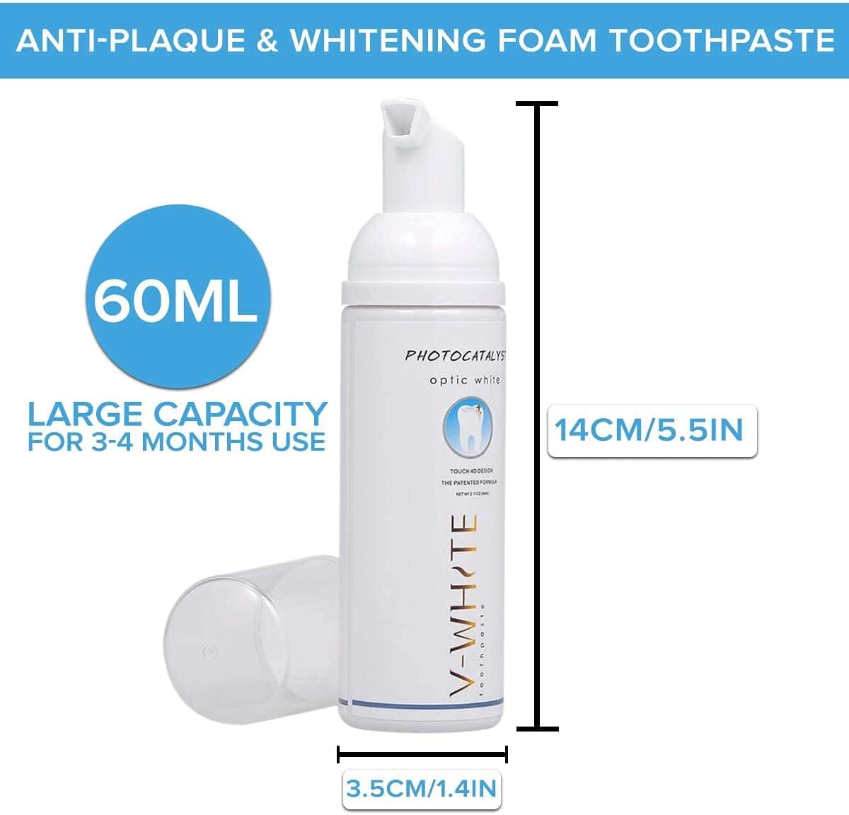 V-WHITE dentifrice mousse 2 en 1, rinçage matin pratique pour un début de journée frais.