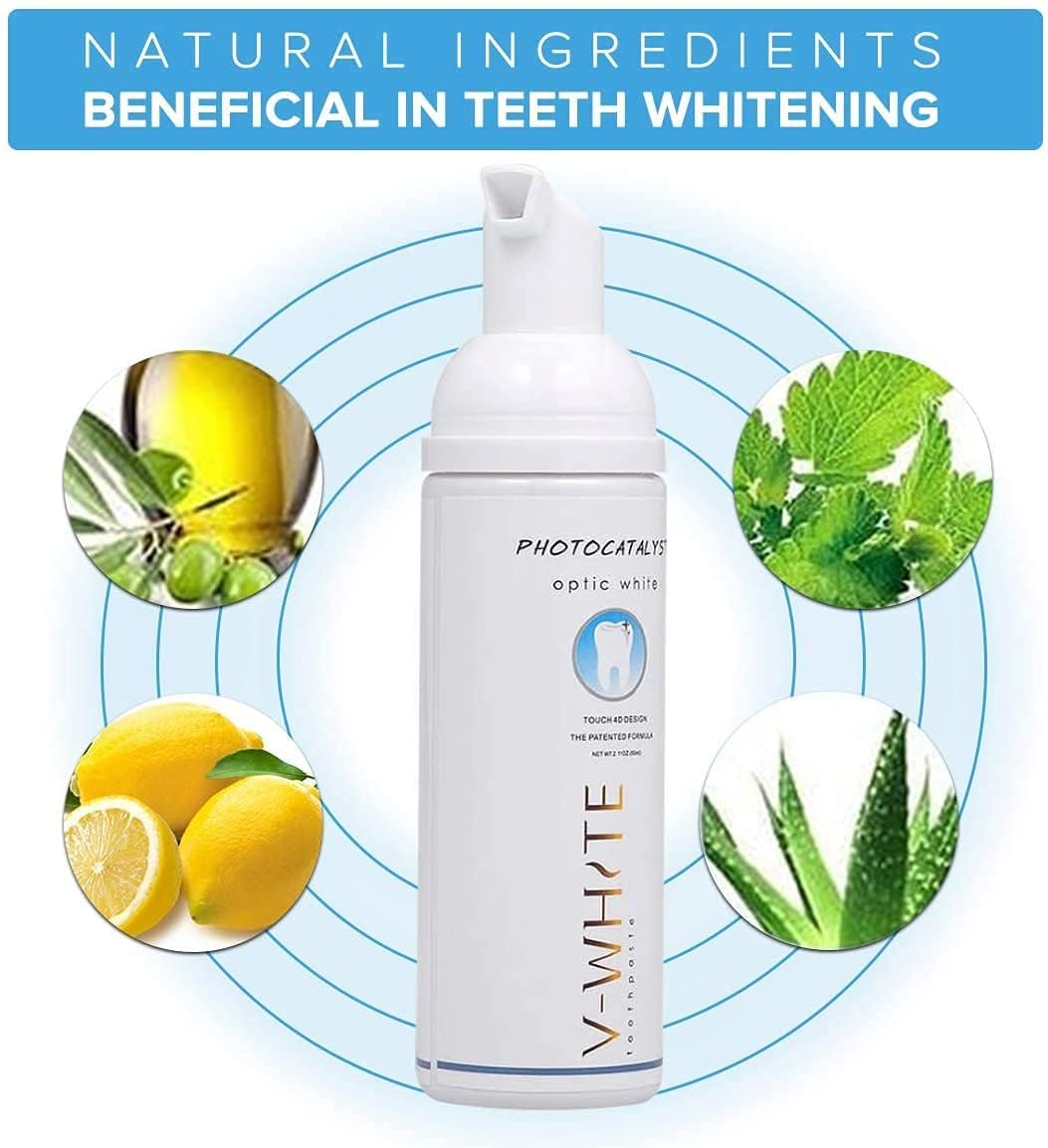 V-WHITE dentifrice mousse ingrédients naturels, sans fluorure ni alcool.