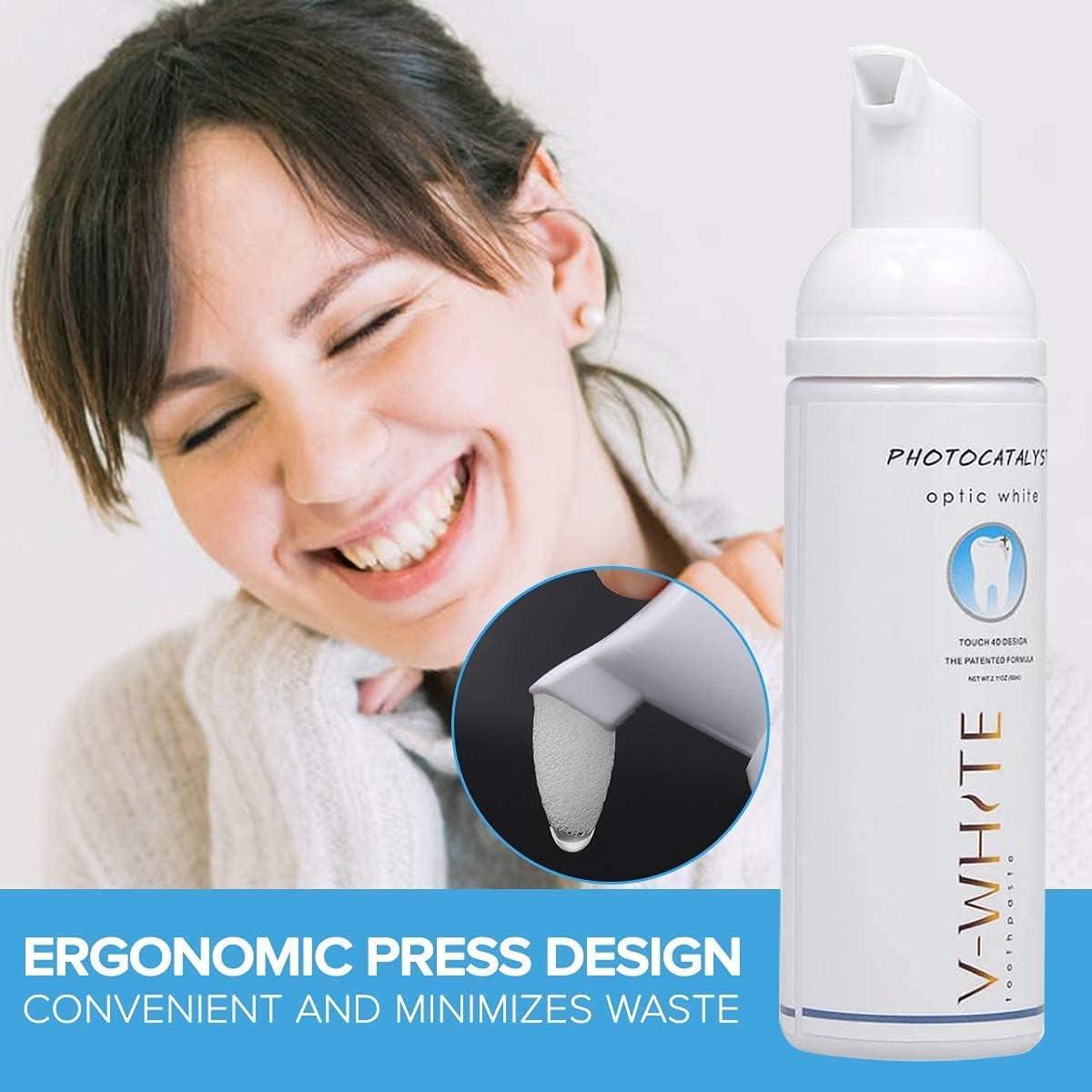 V-WHITE dentifrice mousse sans alcool, douceur adaptée aux dents sensibles.