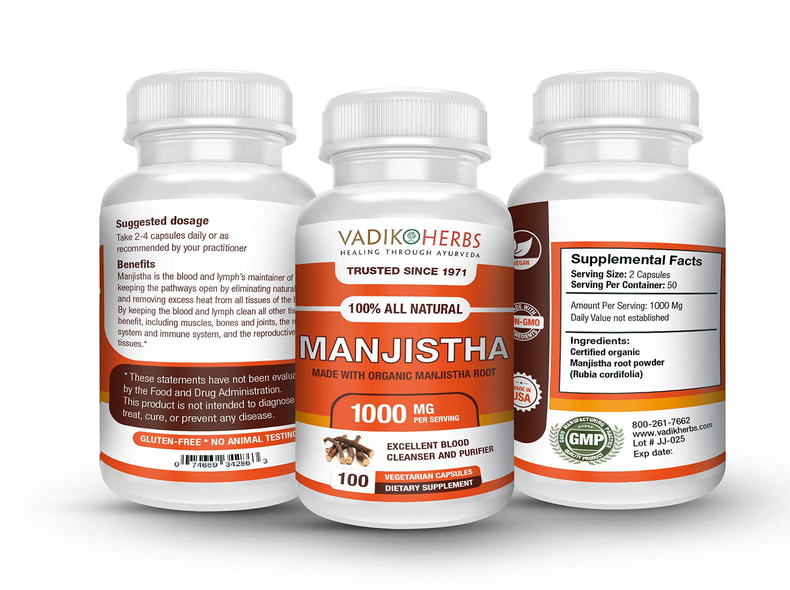 Vadik Herbs Manjistha – bouteille transparente montrant les capsules véganes.
