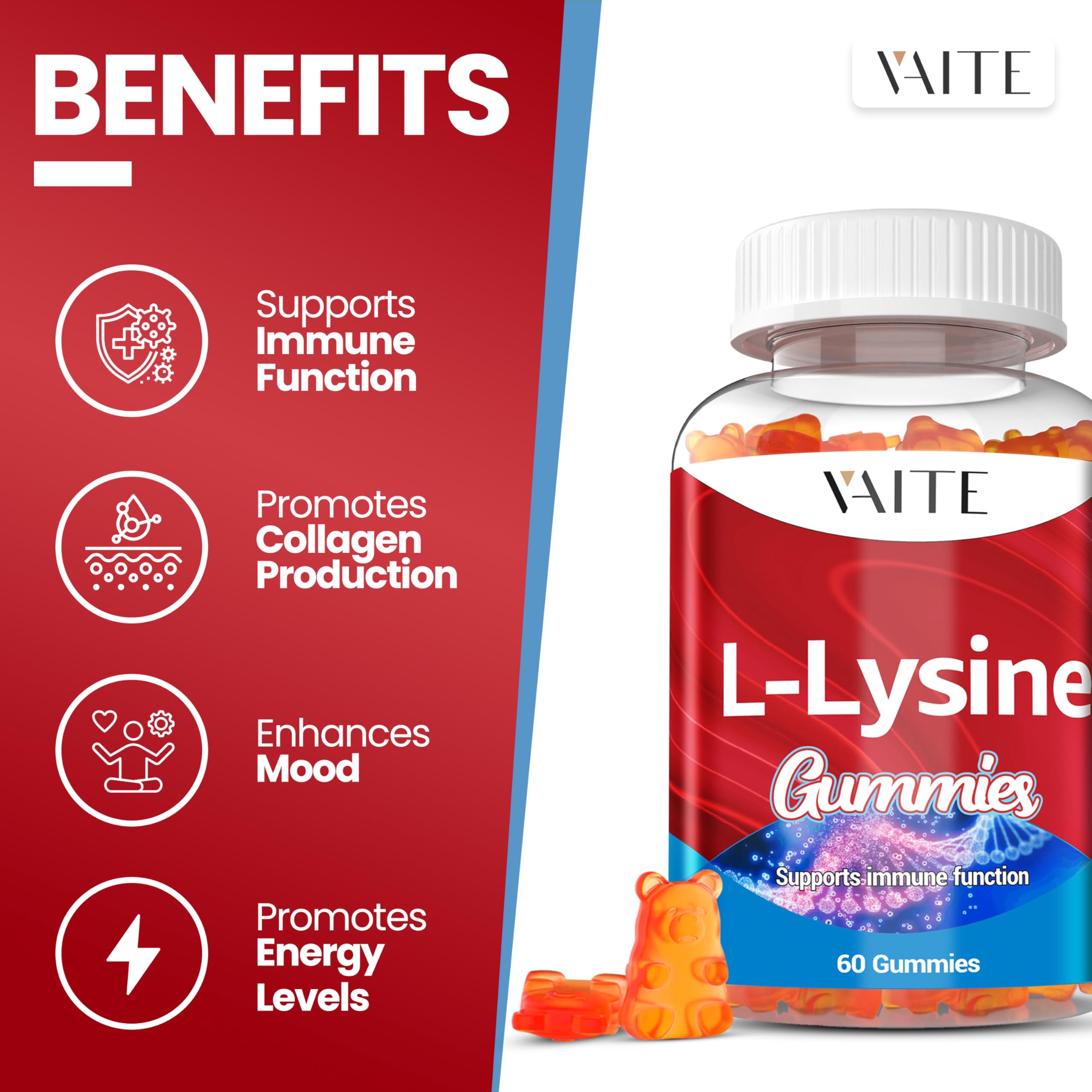 Étiquette VAITE L-Lysine 1000mg Gummies montrant le produit et ses informations.