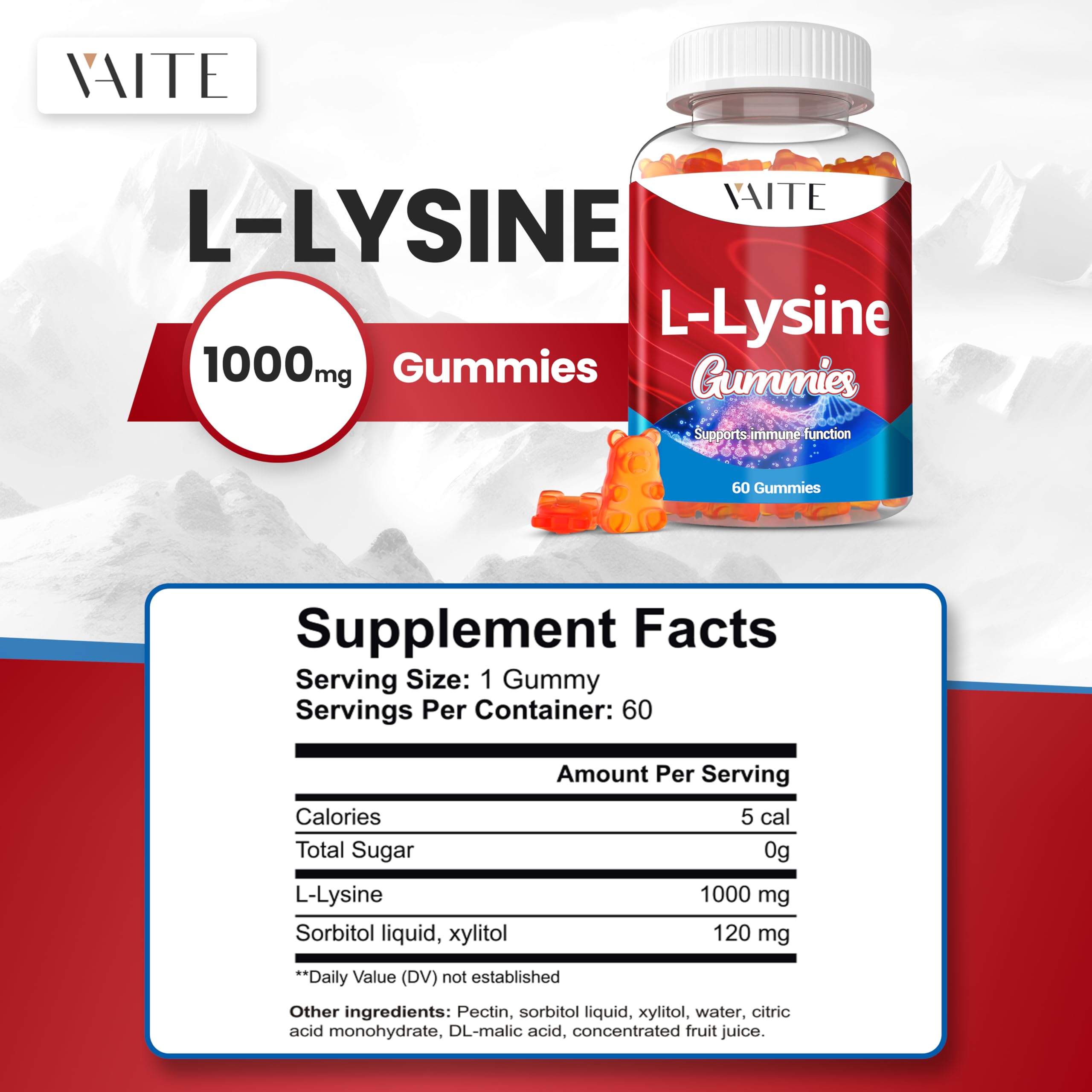 Ingrédients VAITE L-Lysine 1000mg Gummies, transparence sur la composition.