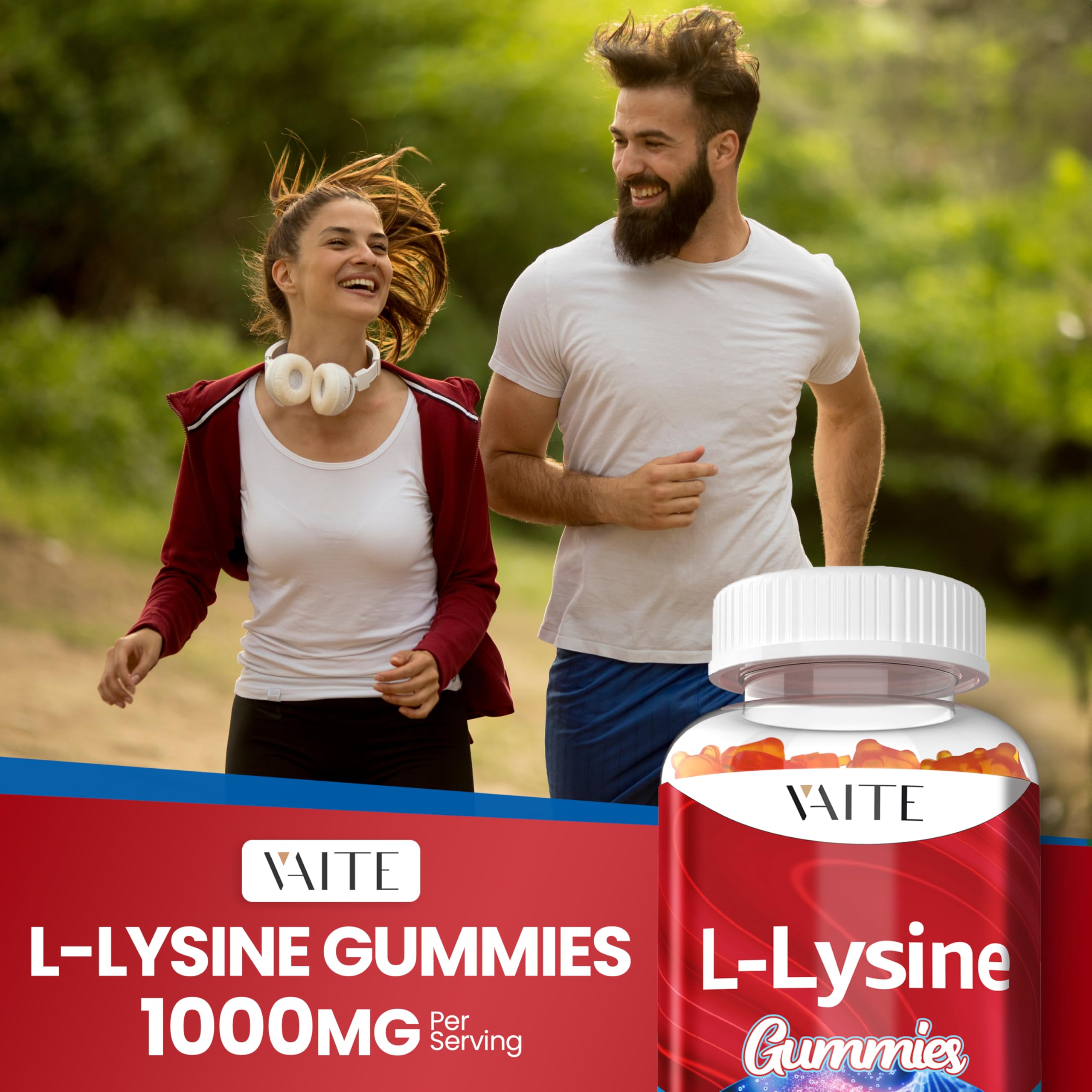 Main tenant une gomme VAITE L-Lysine 1000mg, prise quotidienne pratique.