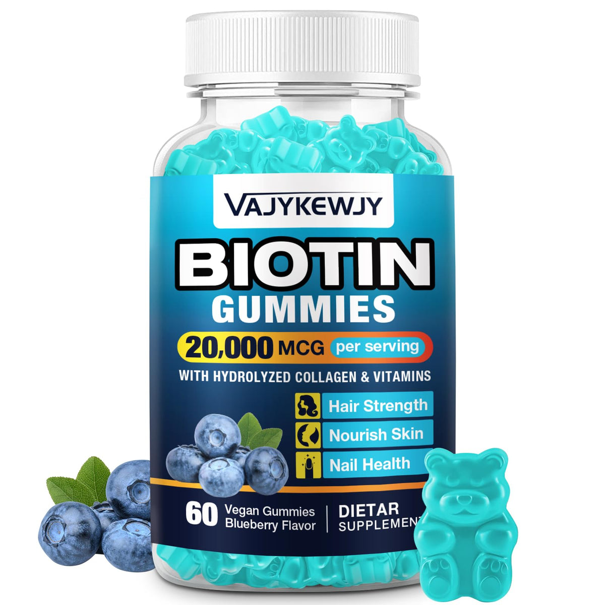 VAJYKEWJY Gommes biotine en bouteille, pratique pour cheveux, peau et ongles