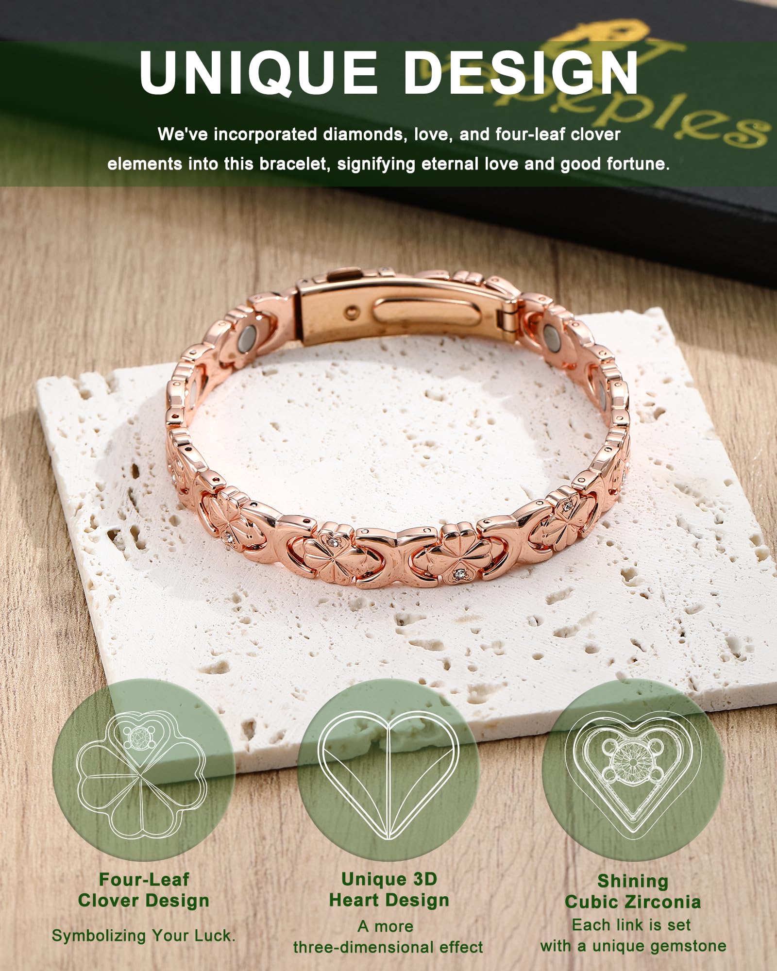 Vapeples bracelet cuivre 3D avec zirconia symbolisant amour et chance.