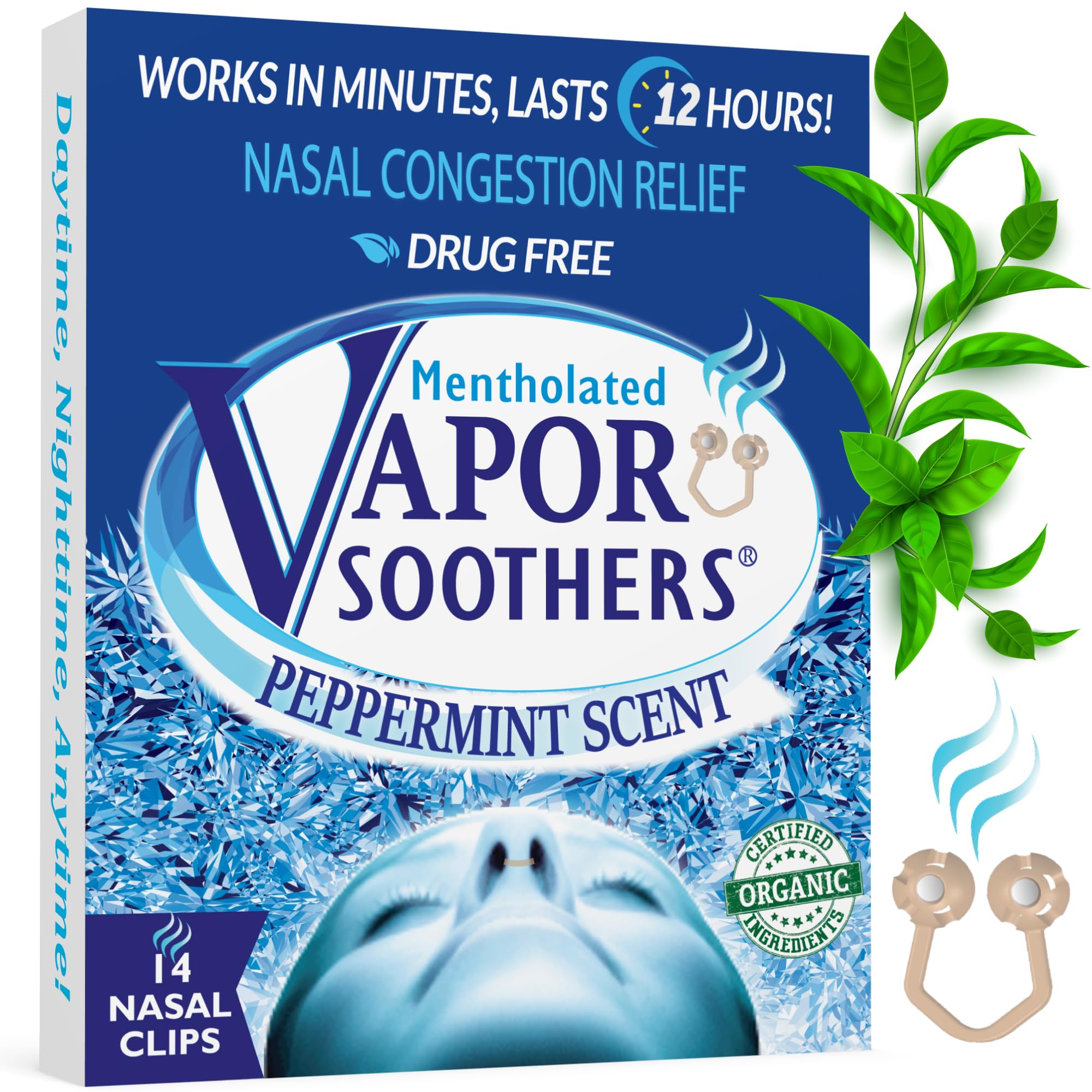 Vapor Soothers emballage menthe, solution naturelle pour respiration plus libre.