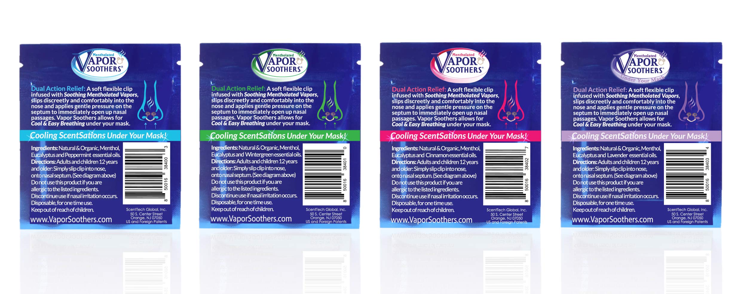 Vapor Soothers ensemble 4 parfums : menthe poivrée, gaulthérie, cannelle et lavande.