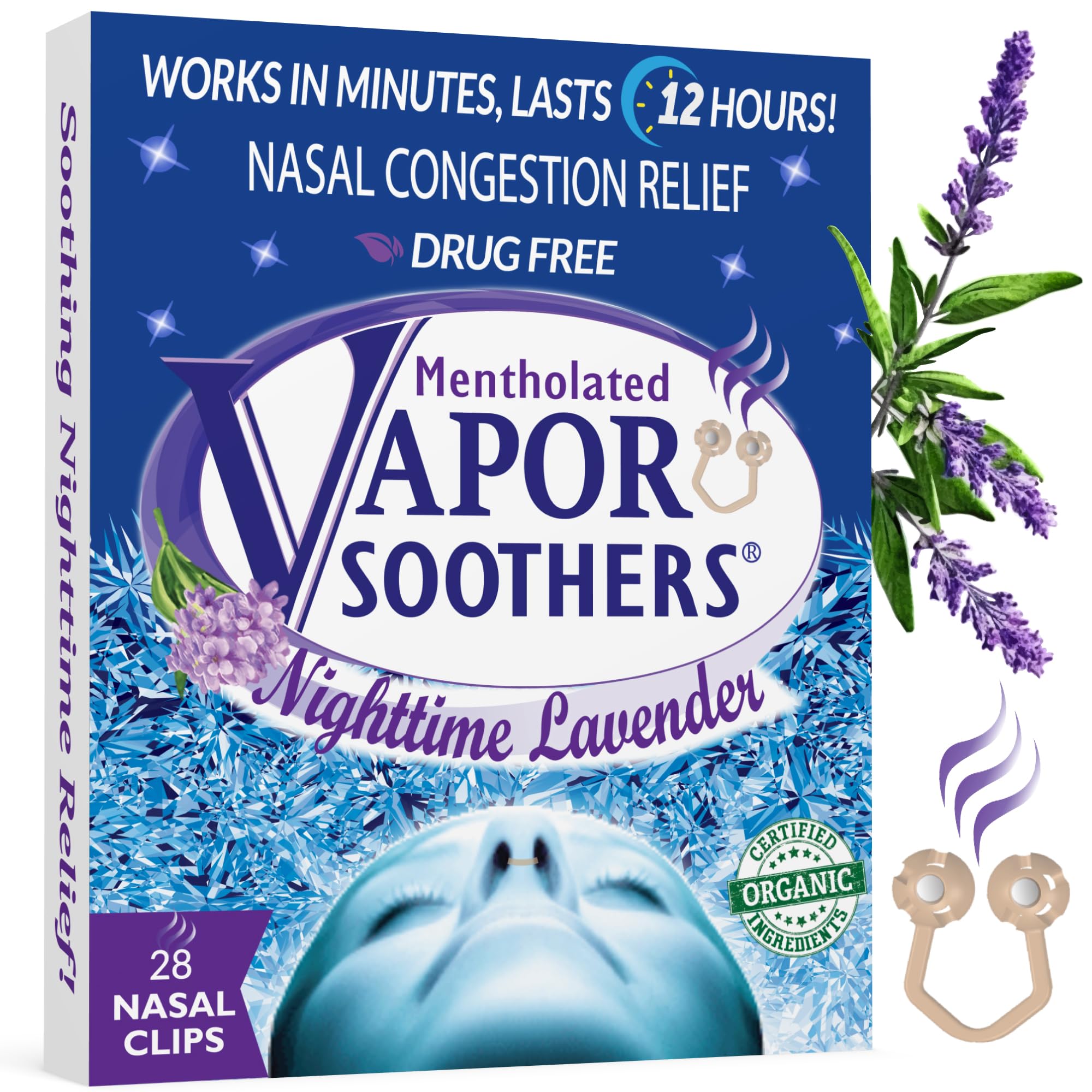 Vapor Soothers NuitLavande – clip nez pour respiration facilitée et sommeil plus calme.