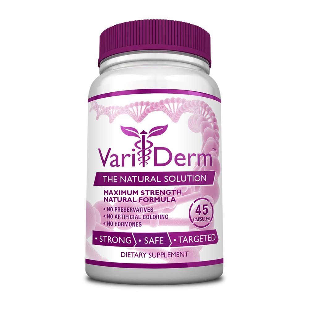 VariDerm-bouteille de capsules sur fond blanc montrant le format quotidien potentiel.