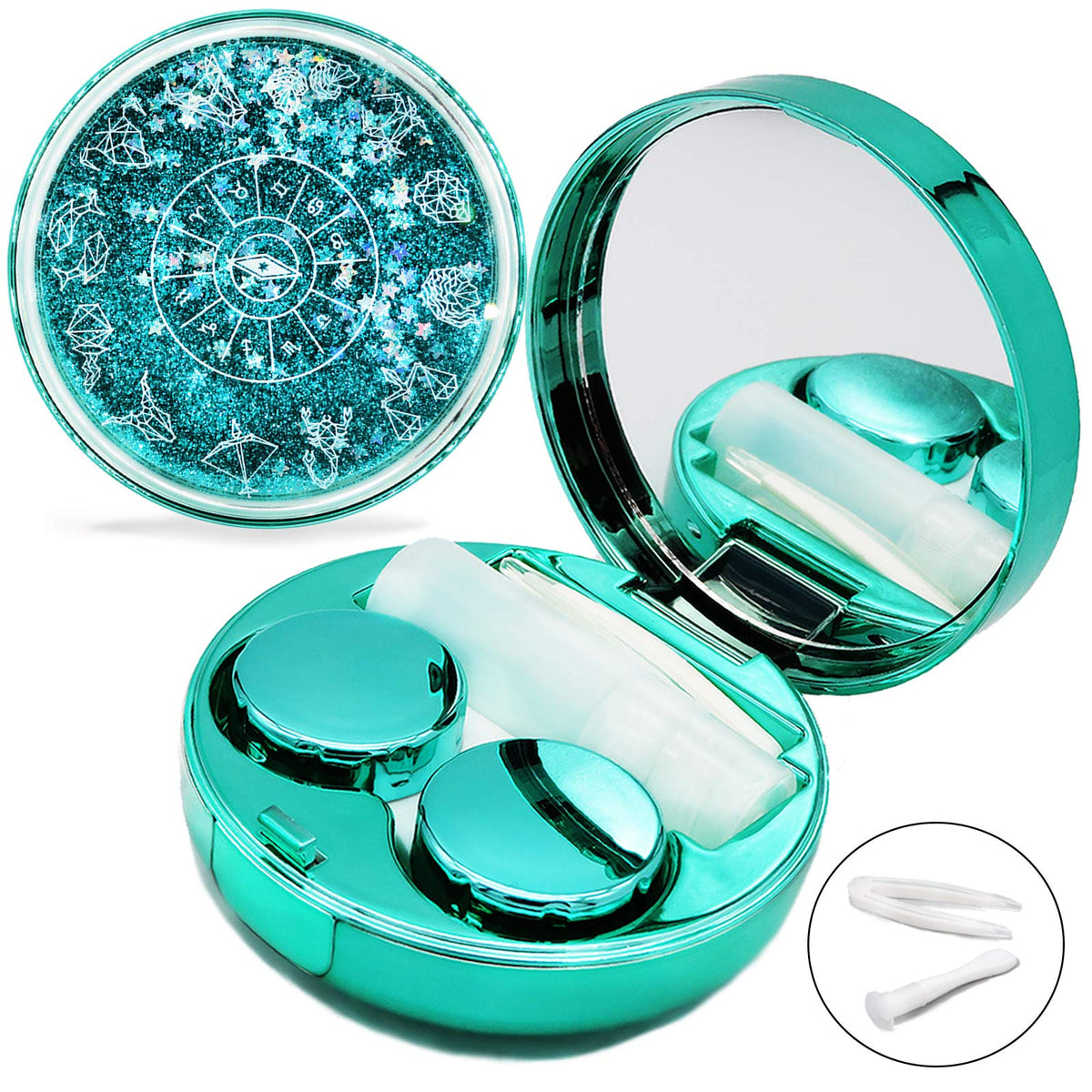 Vastsoon étui lentilles vert avec quicksand glitter, pratique pour un rangement coloré en déplacement.