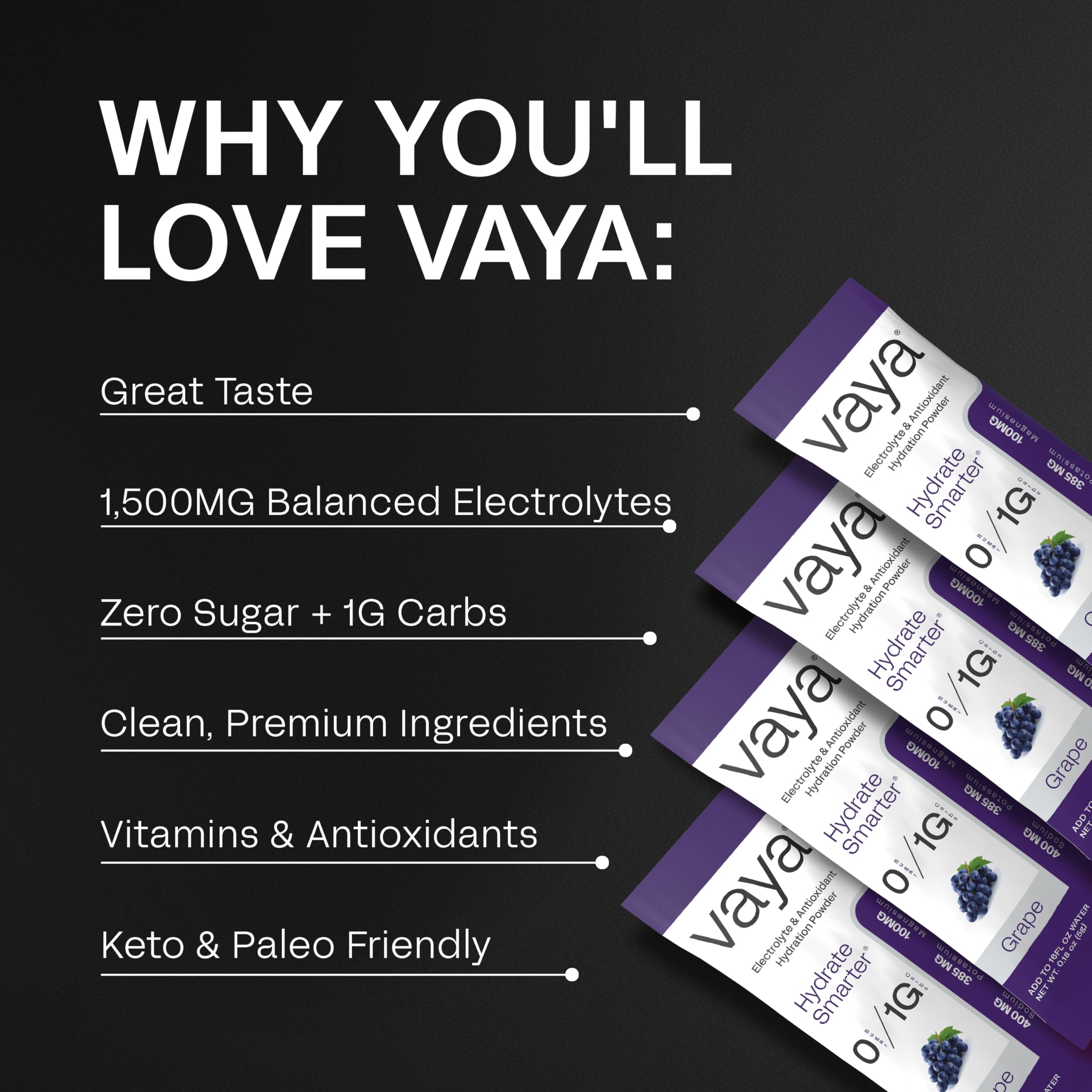 Poudre électrolyte Vaya sans sucre goût raisin prête à mélanger.
