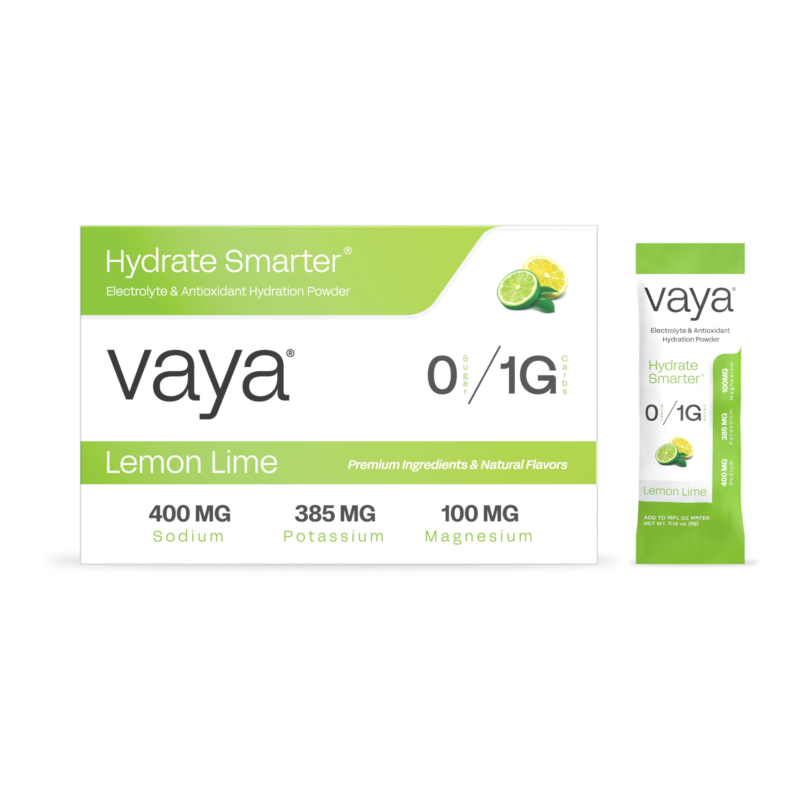 Sachets Vaya d'électrolytes sans sucre citron-lime pour une hydratation rapide.