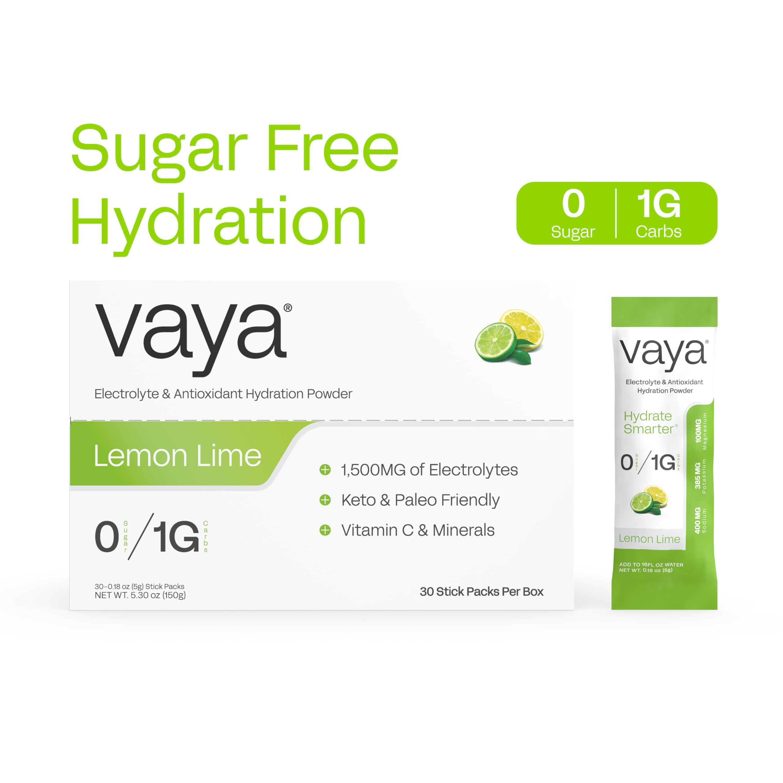 Zéro sucre avec Vaya, calories faibles et goût naturel citron-lime.