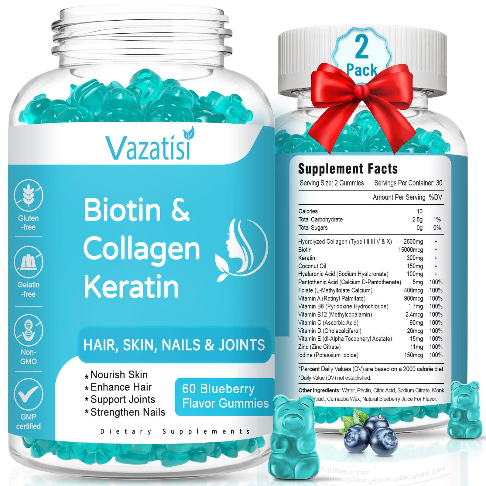 Vazatisi bonbons gélifiés biotine collagène kératine flacon 2 paquets myrtille
