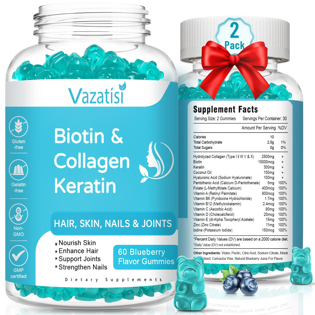 Vazatisi bonbons gélifiés biotine collagène kératine flacon 2 paquets myrtille