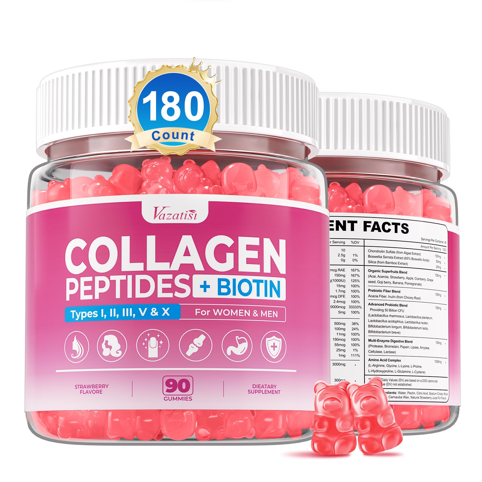 Gommes Vazatisi Collagen en bouteille, 180, soutien peau et cheveux