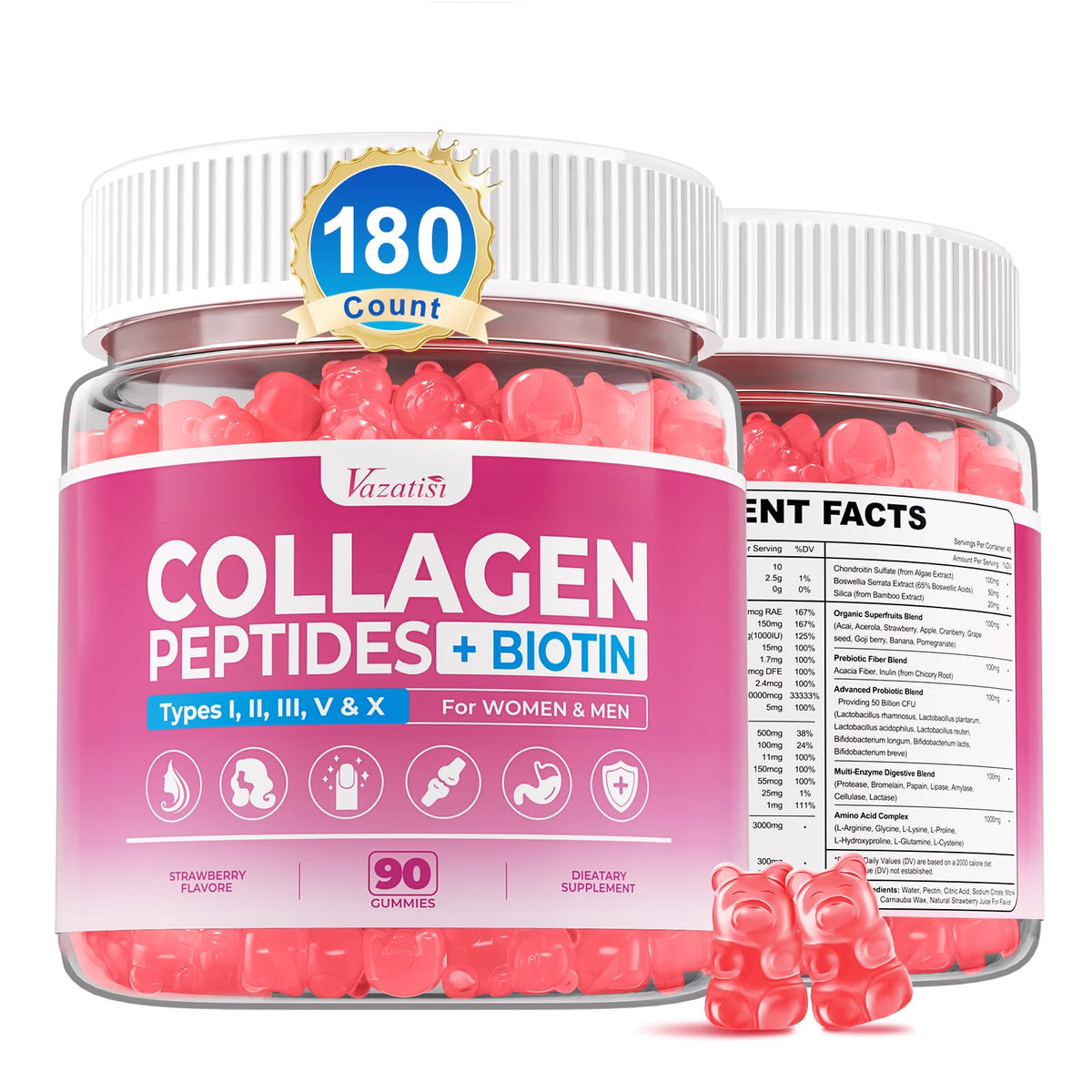 Gommes Vazatisi Collagen en bouteille, 180, soutien peau et cheveux