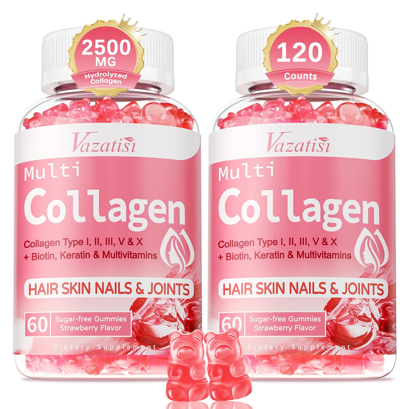 Gomme Vazatisi Collagène sans sucre fraise en bouteille pour routine beauté quotidienne.