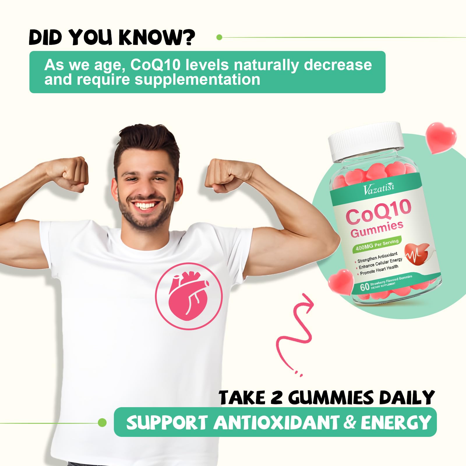 Gommes Vazatisi CoQ10 avec oméga3, antioxydants, soutien potentiel à la vitalité cérébrale.