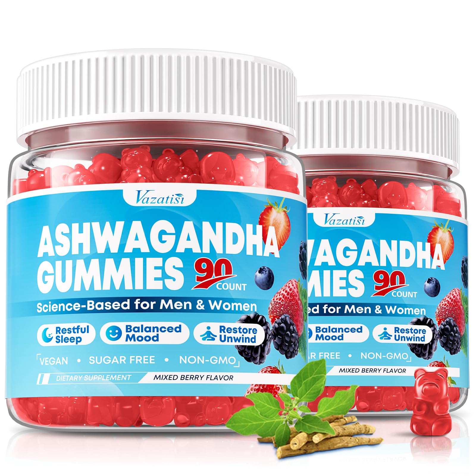 Gommes Vazatisi Ashwagandha dans une bouteille scellée, pratique à emporter