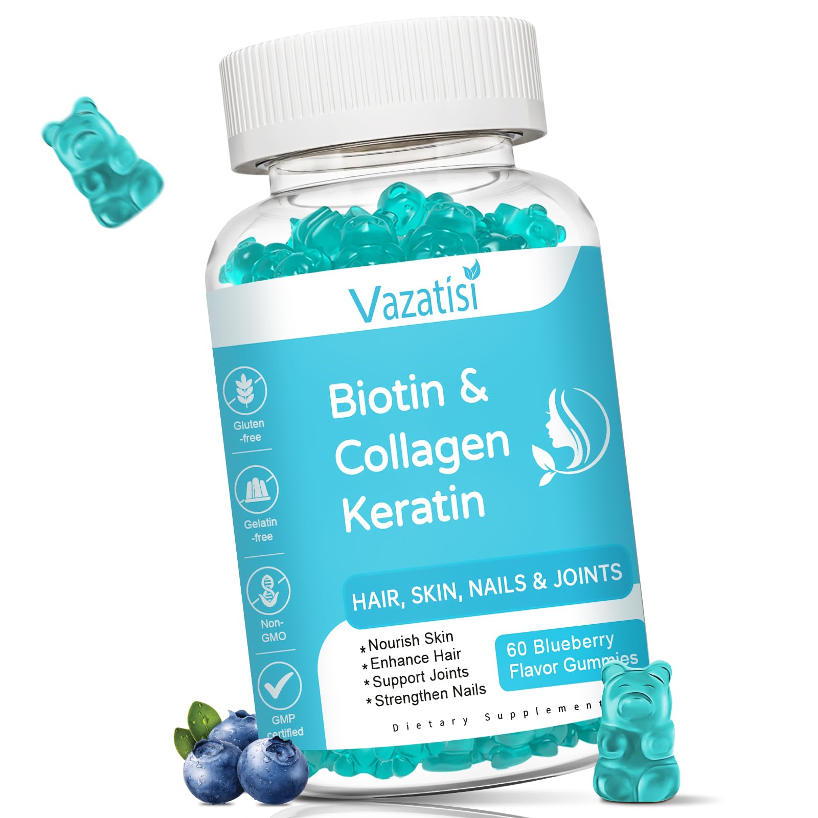 Gommes Vazatisi biotine-collagène-keratine dans la bouteille, présentation claire.