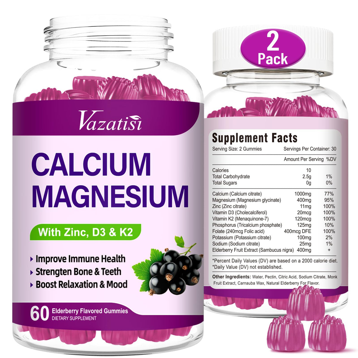 Gommes Vazatisi Calcium-Magnésium-Zinc, emballage pratique pour la routine.