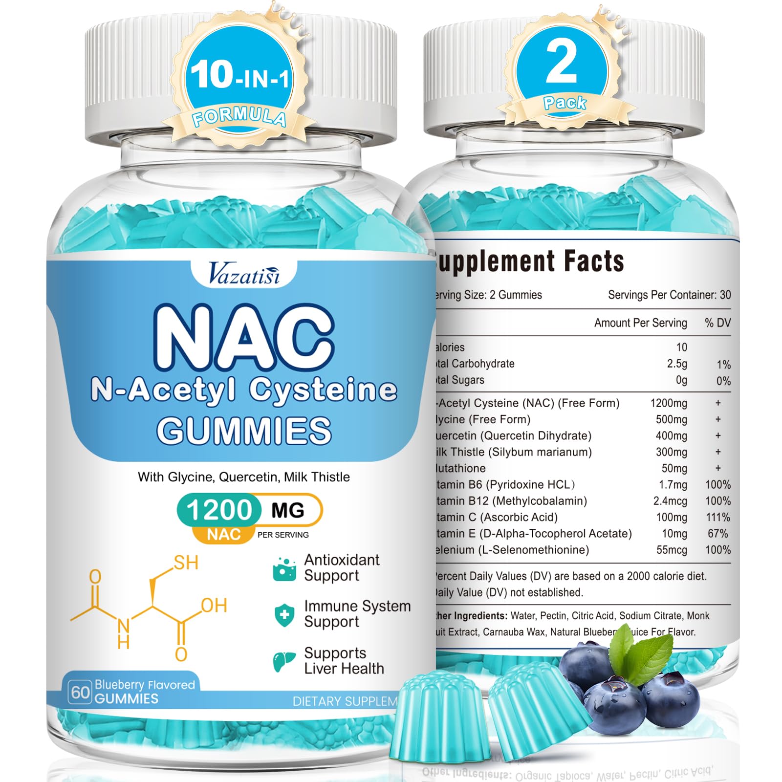 Gomme Vazatisi NAC dans une bouteille bleue, soutien antioxydant potentiel au quotidien.