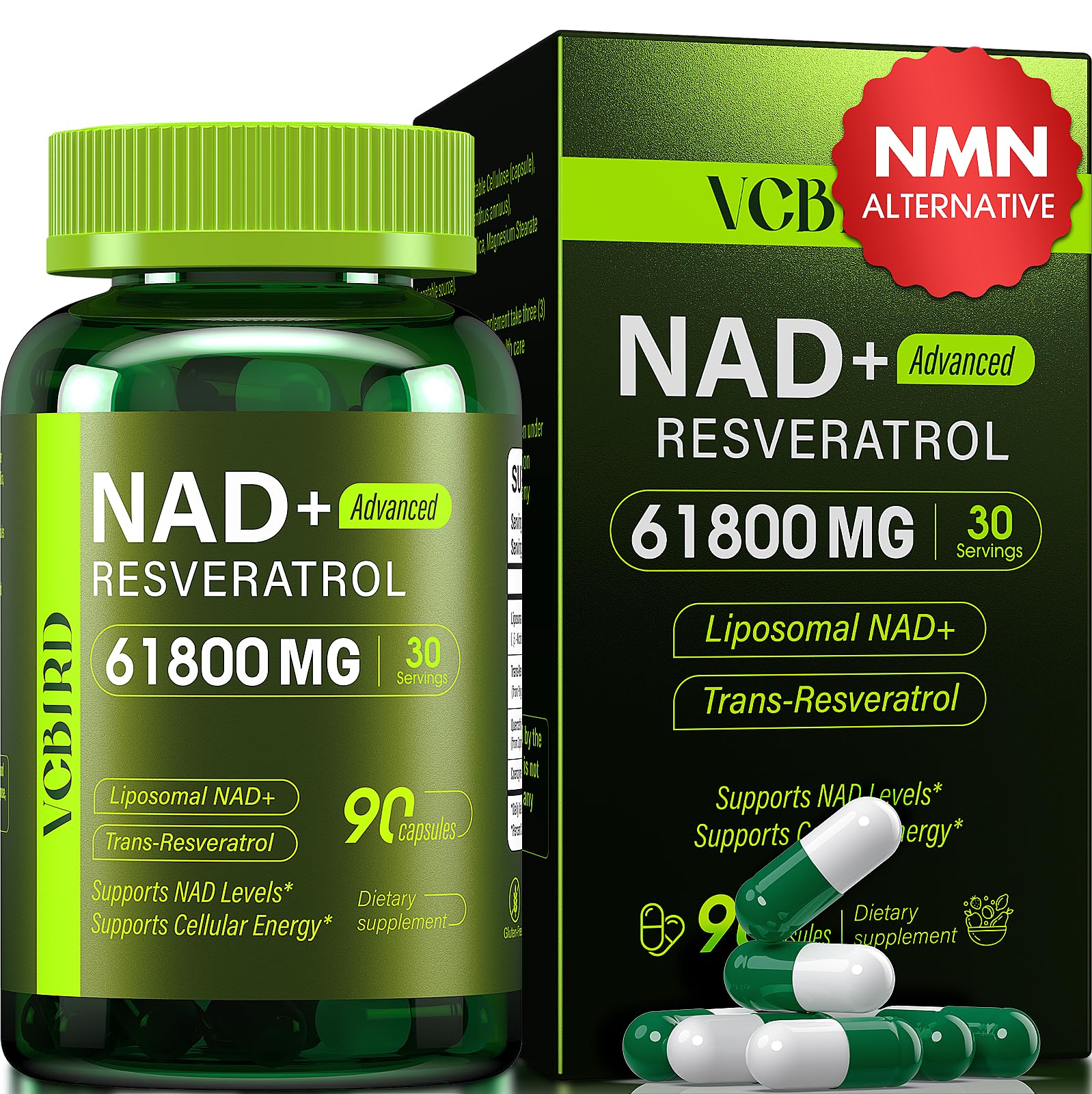 VCBIRD Nad+ Resveratrol: bouteille montrant absorption élevée pour énergie durable
