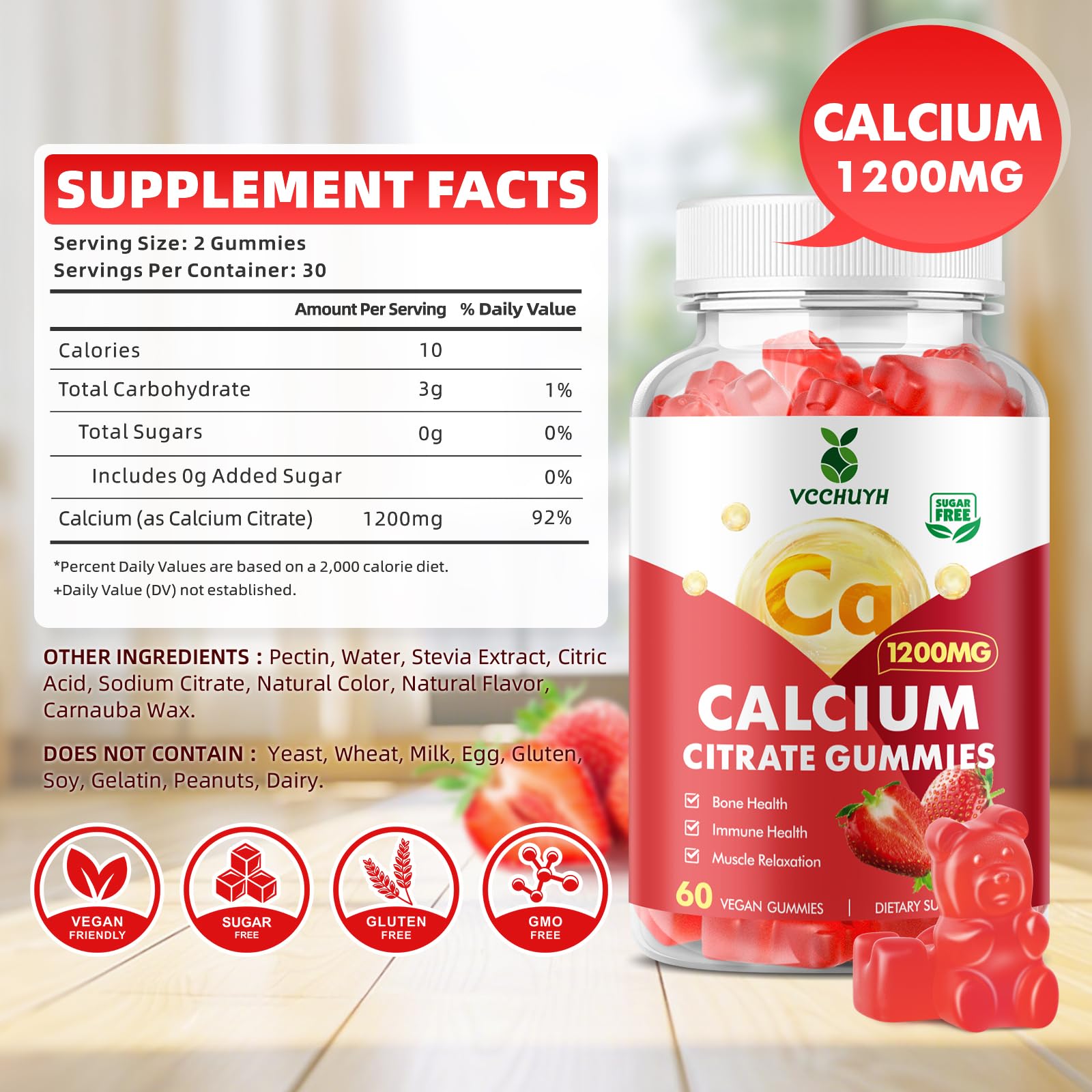 Gommes VCCHUYH calcium citrate 1200 mg, ensemble facile à prendre chaque jour.