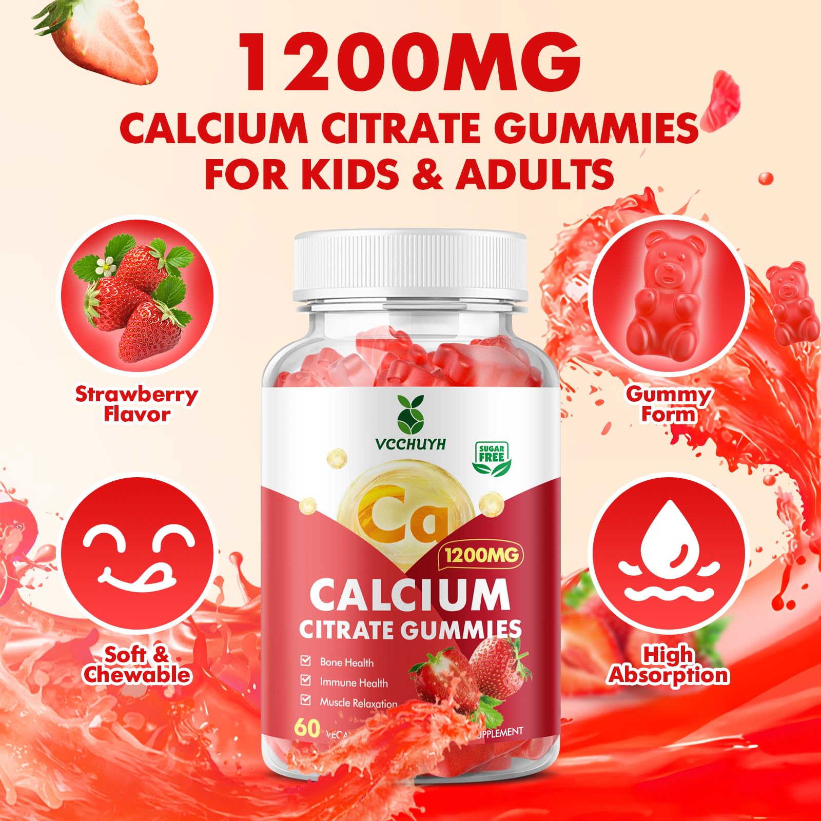 Gommes VCCHUYH fraise, saveur naturelle, soutien potentiel pour os et muscles.