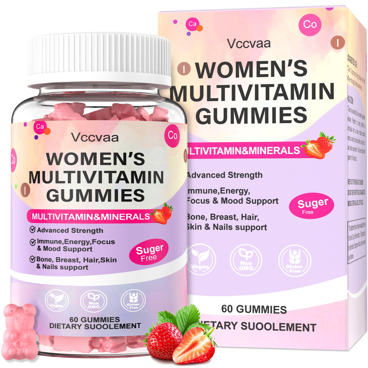 Gommes Vccvaa Multivitamines en bouteille, soutien quotidien pour femmes.