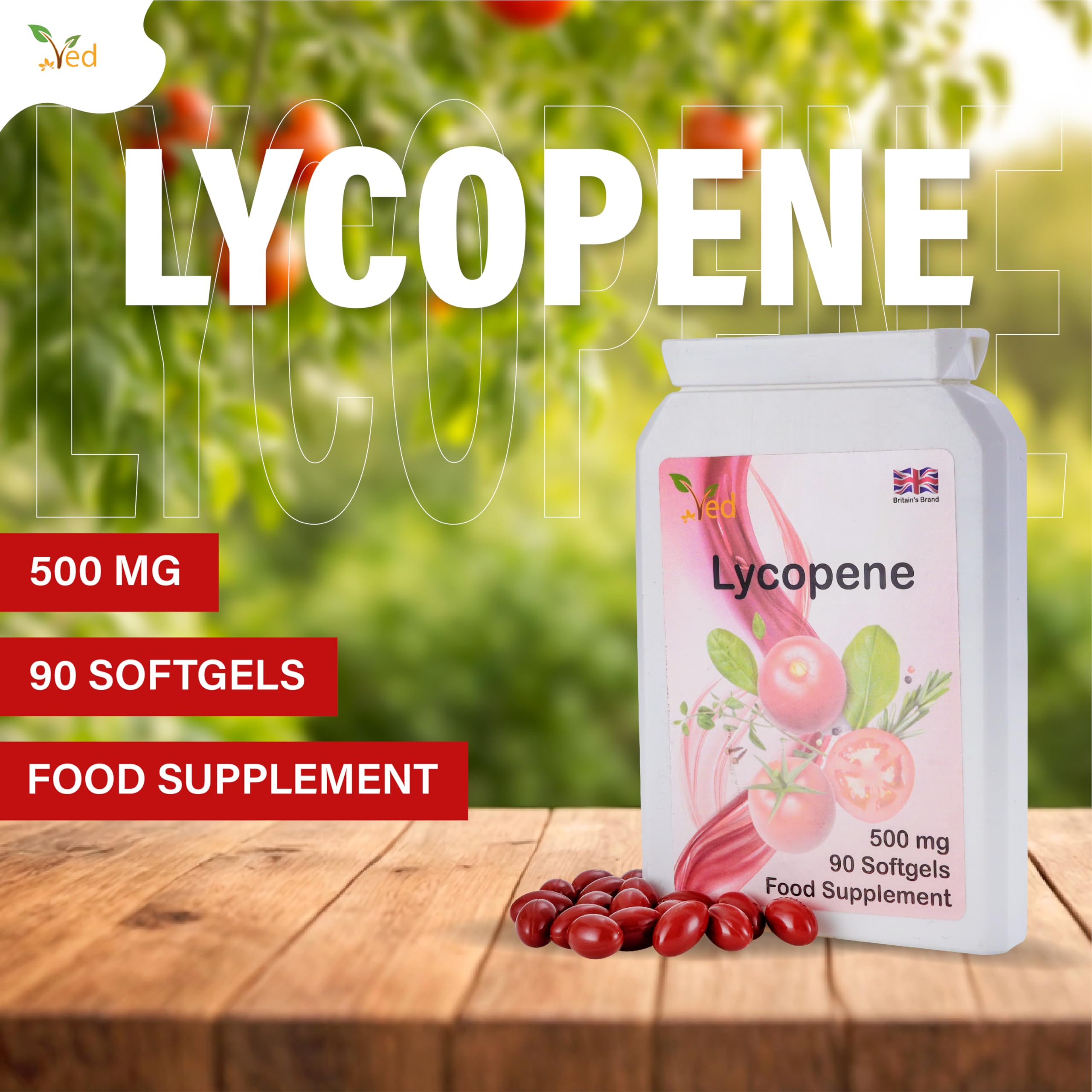 Ved Lycopène 500 mg — bouteille ouverte, gélules molles faciles à avaler.