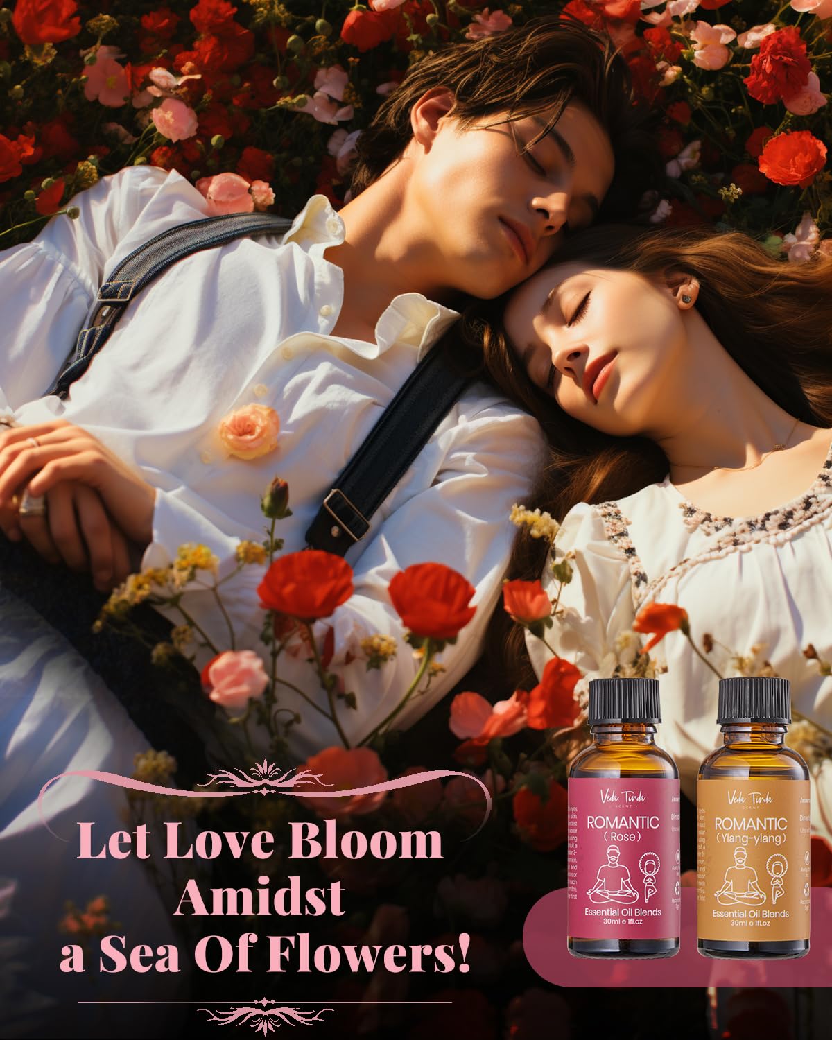Ambiance romantique avec roses et ylang-ylang, parfaite pour moments intimes.