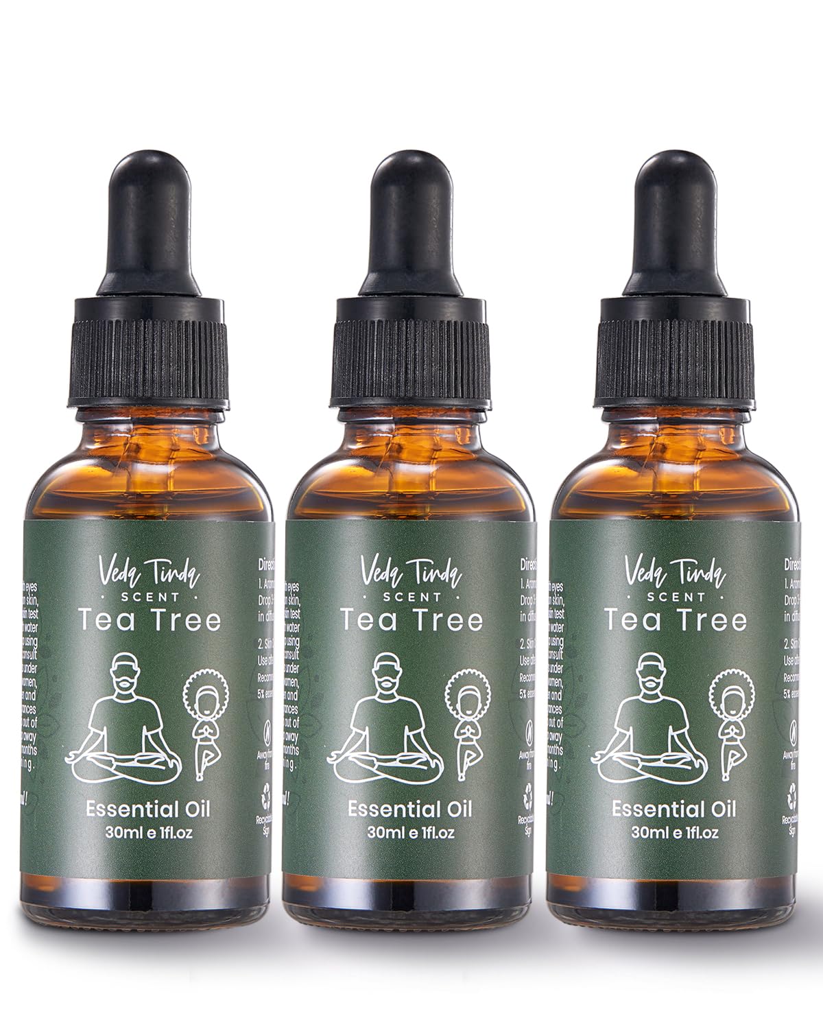 Huile arbre-a-the Veda Tinda Scent en bouteille avec pipette pour dosage précis.
