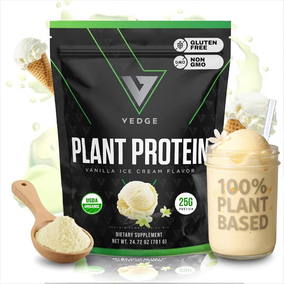 VEDGE Protéine Végane en Poudre Vanille emballage pratique, source protéique végétale