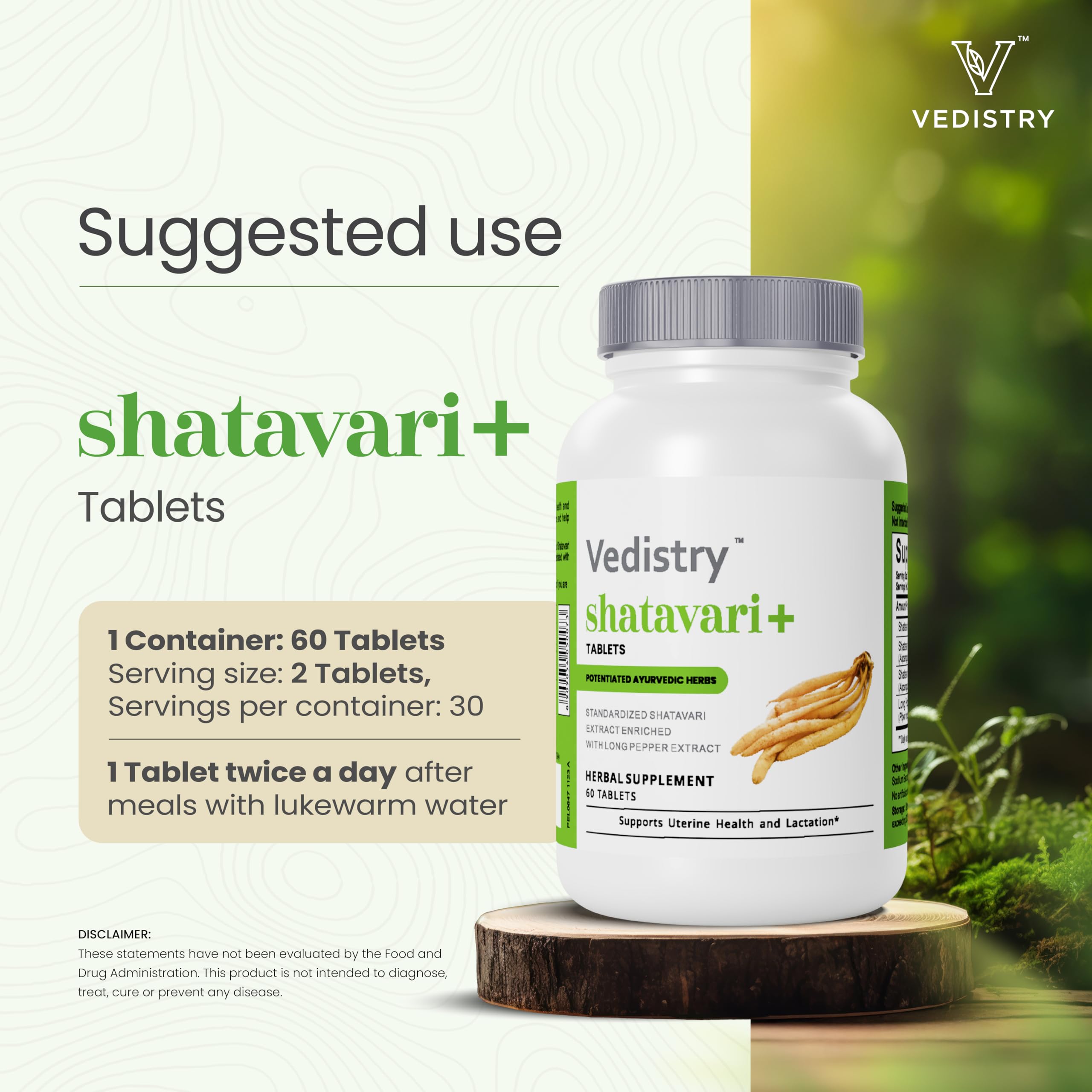 Vedistry Shatavari+ Formule vegan sans gluten et sans allergènes.