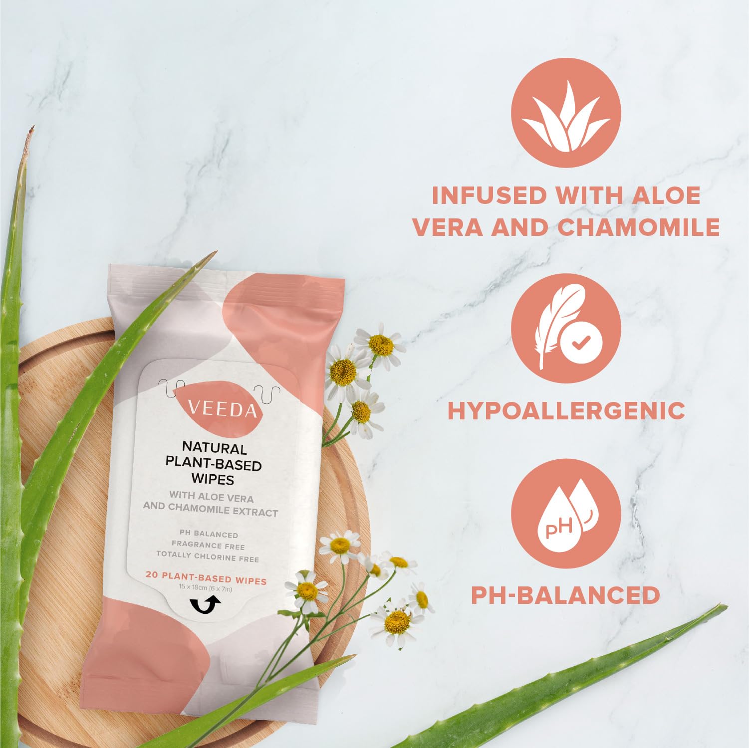 Lingettes Veeda avec pH équilibré et hypoallergéniques pour toutes les peaux.