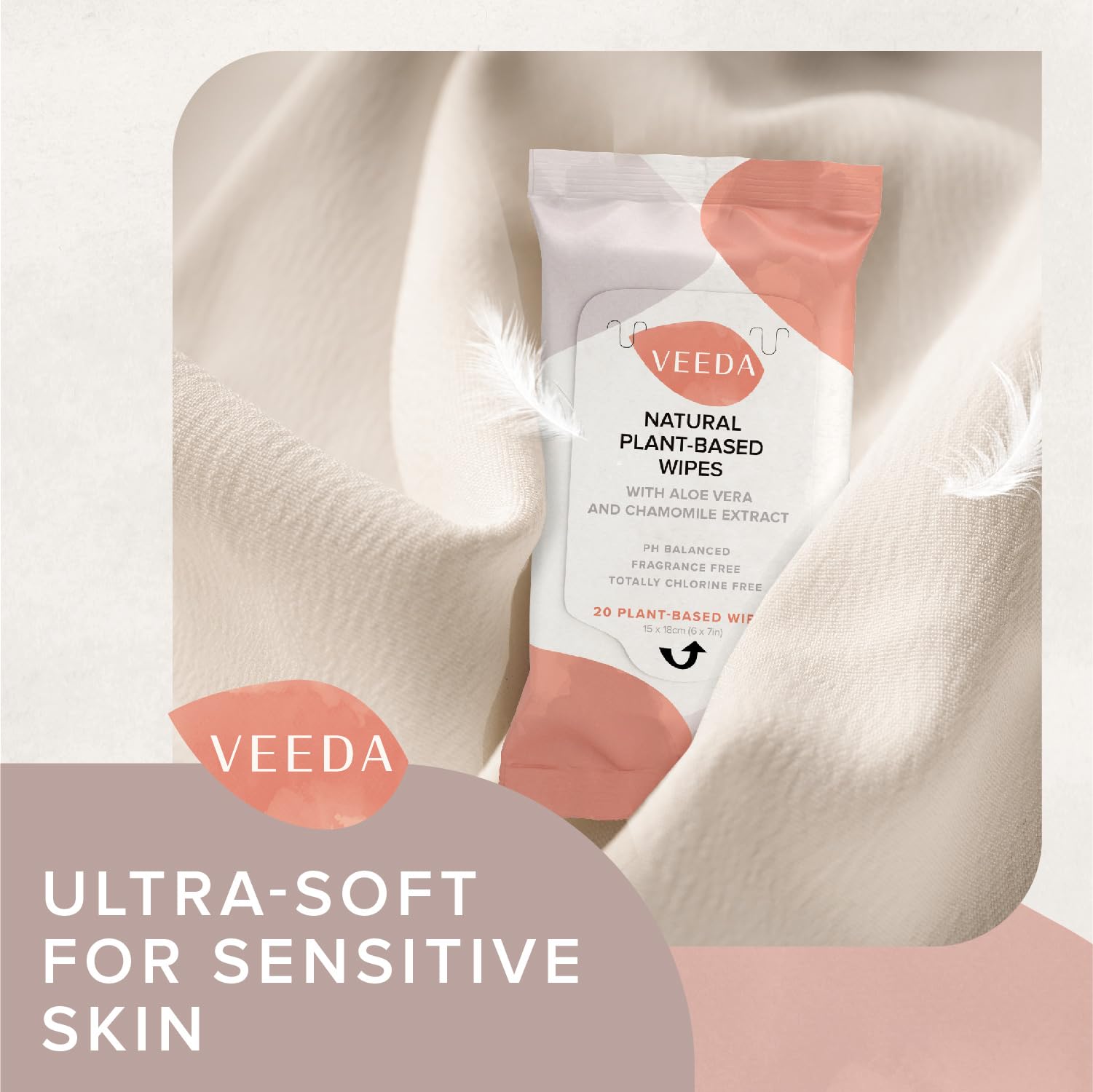 Lingettes Veeda sans parfum et sans alcool pour une fraîcheur simple et sûre.