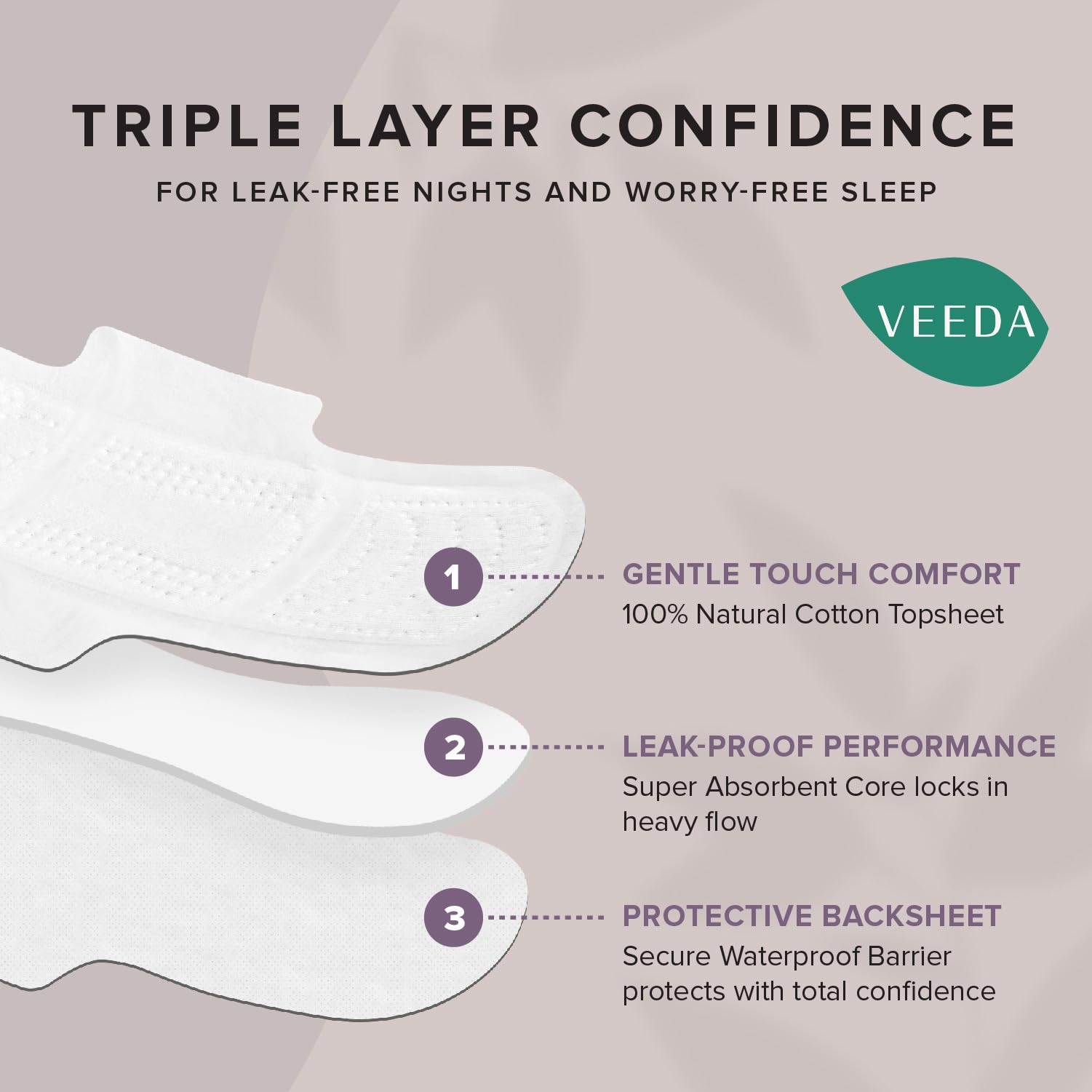 Veeda serviettes nocturnes, cœur ultra absorbant avec canaux pour retenir l'humidité toute la nuit.