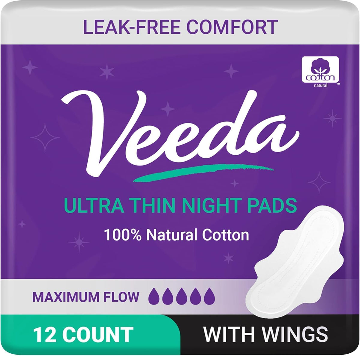Veeda serviettes nocturnes, surface coton naturel douce pour la nuit.