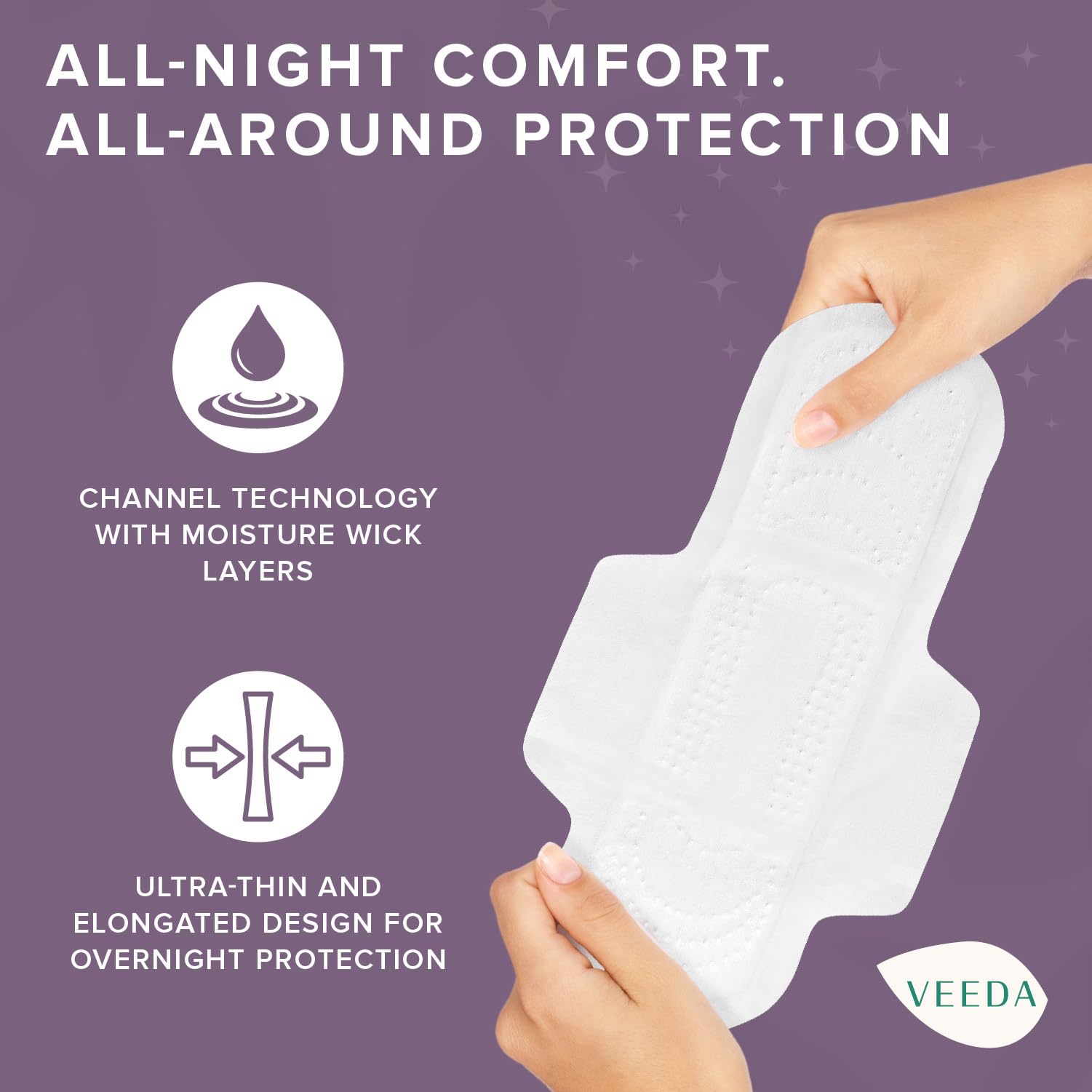 Veeda serviettes hypoallergéniques sans rayons, douceur et protection fiable.